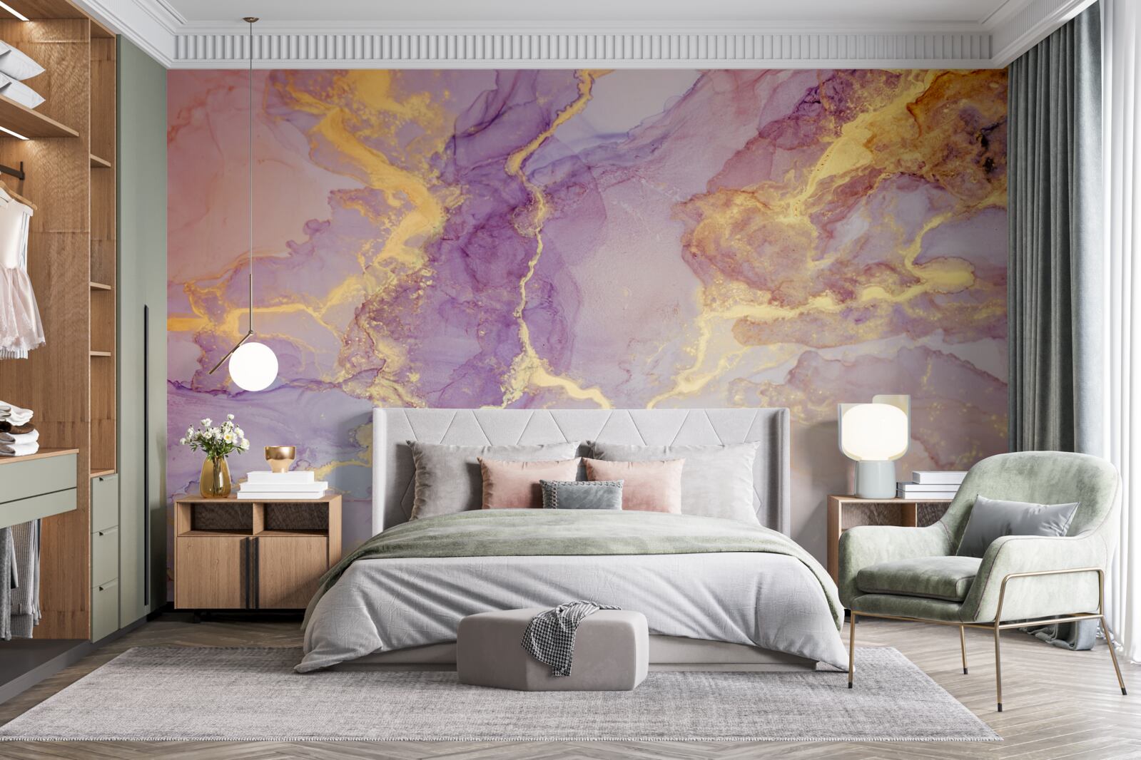 Fotobehang lila vloeistof met een gouden tint