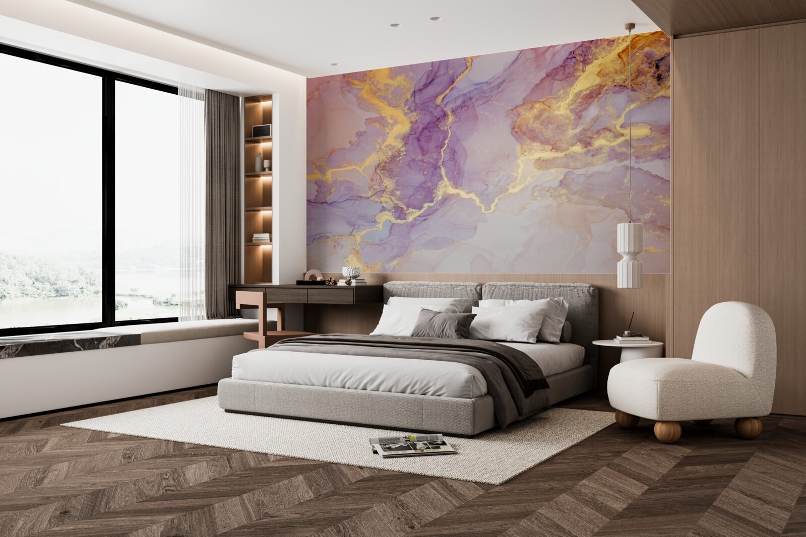 Fotobehang lila vloeistof met een gouden tint