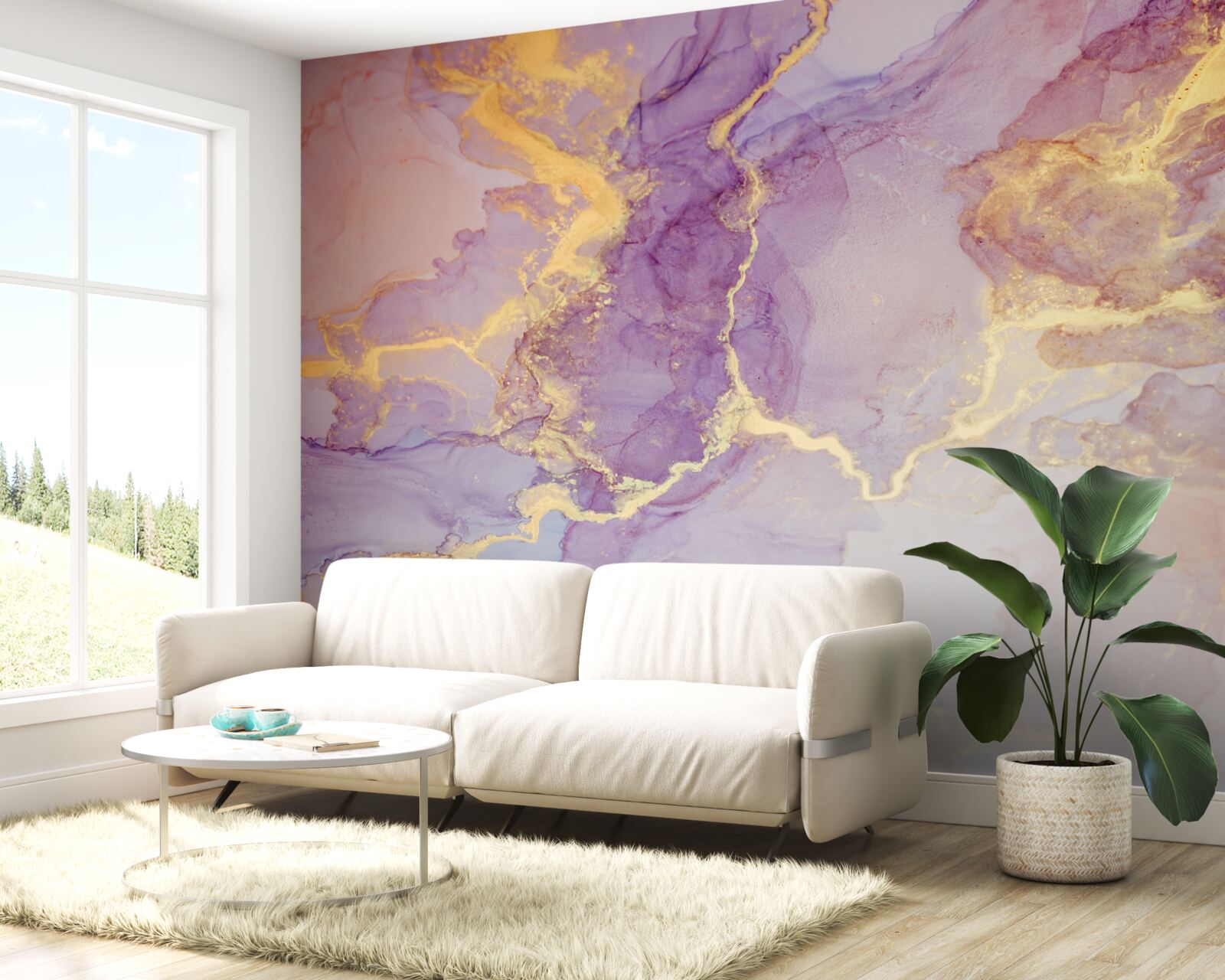 Fotobehang lila vloeistof met een gouden tint