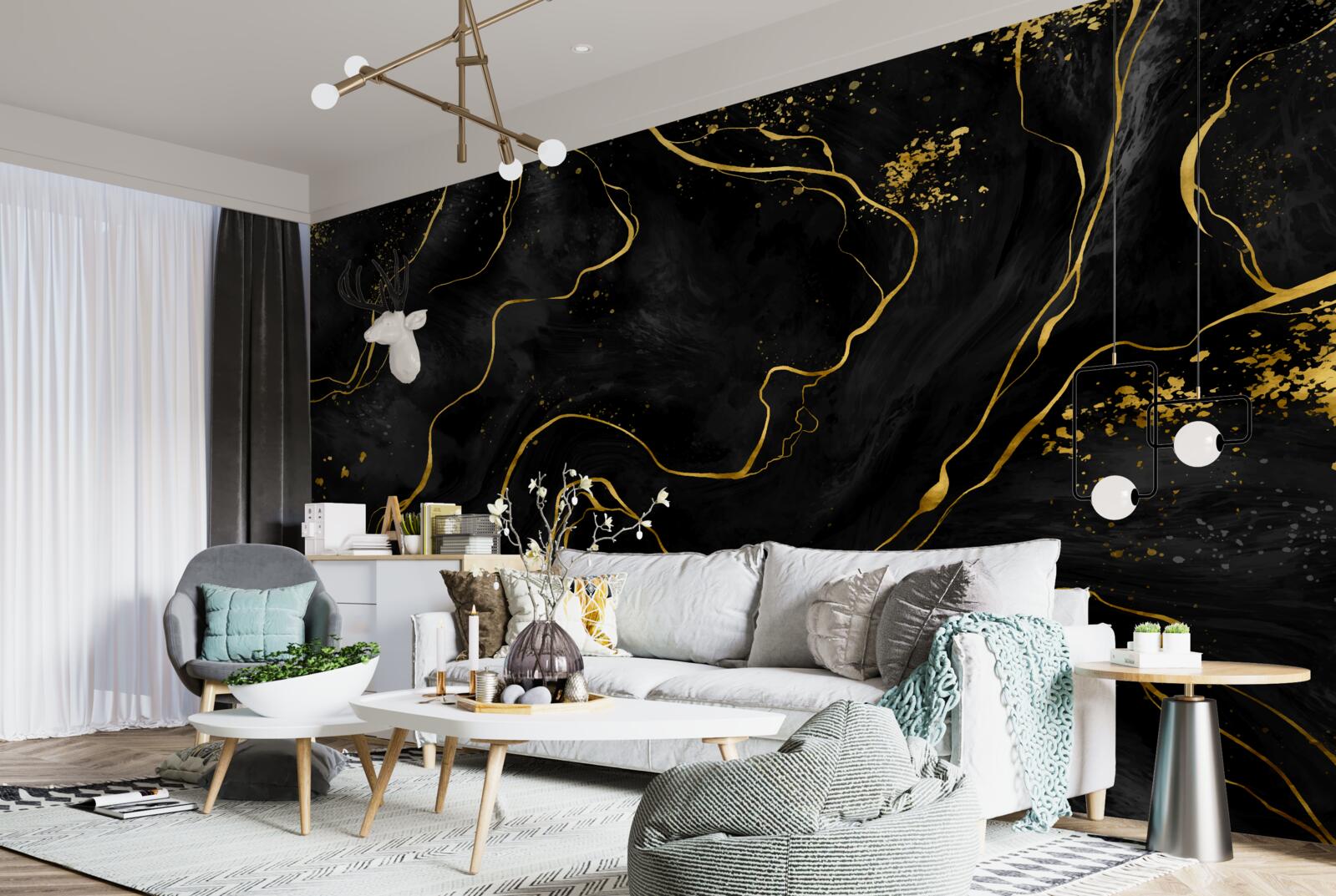 Fotobehang marmeren achtergrond in zwart- en goudtinten