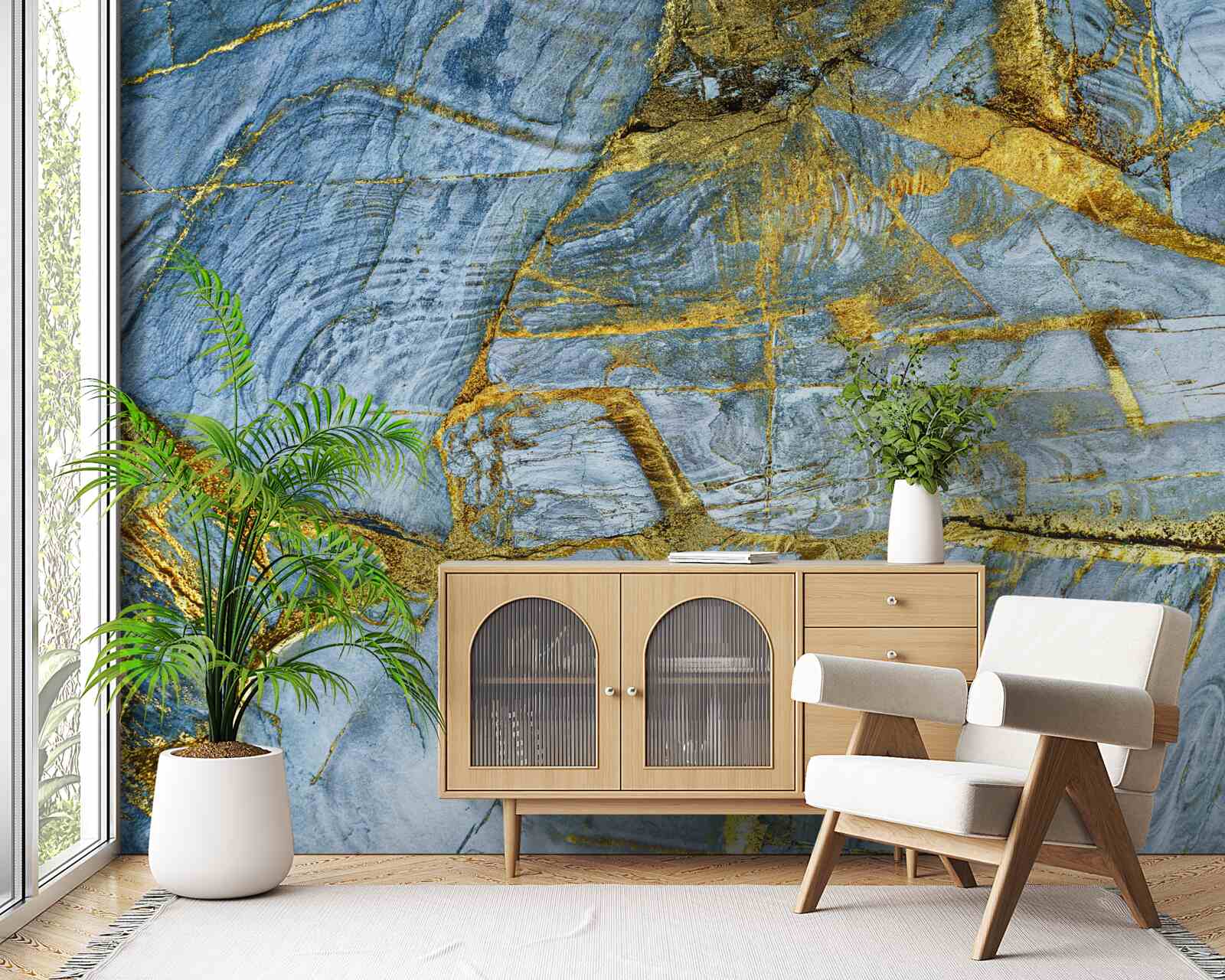 Fotobehang snede met gouden tinten op een blauwe achtergrond