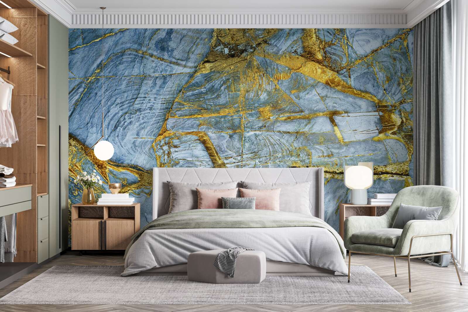 Fotobehang snede met gouden tinten op een blauwe achtergrond