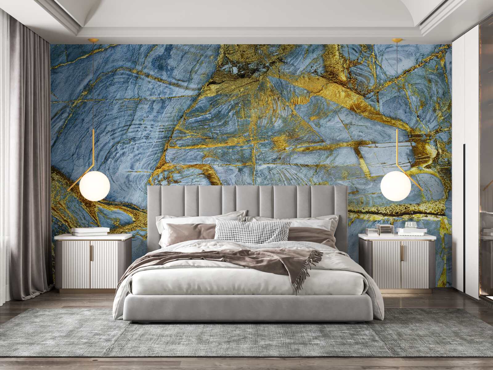 Fotobehang snede met gouden tinten op een blauwe achtergrond