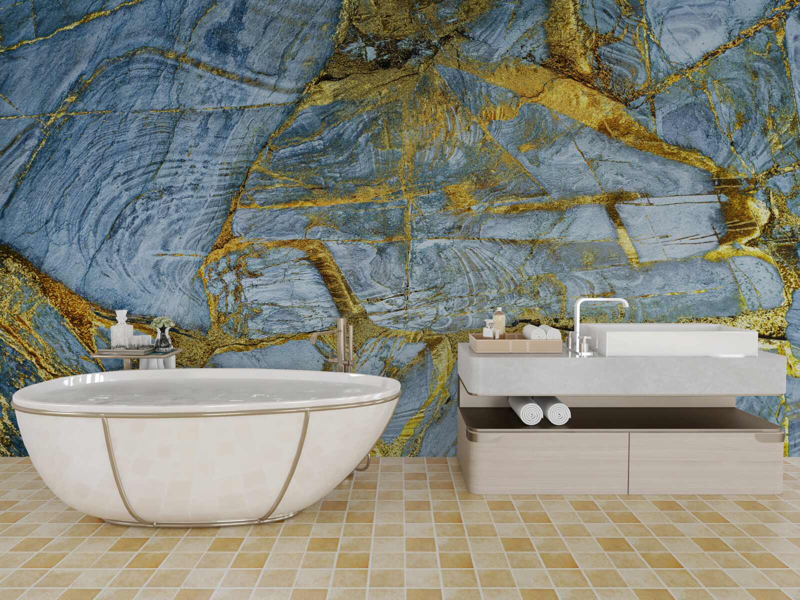 Fotobehang snede met gouden tinten op een blauwe achtergrond