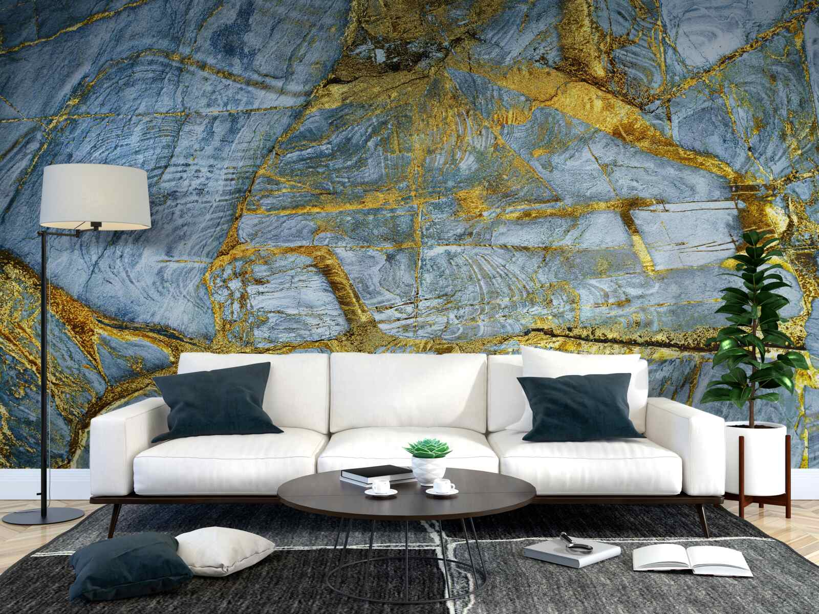 Fotobehang snede met gouden tinten op een blauwe achtergrond