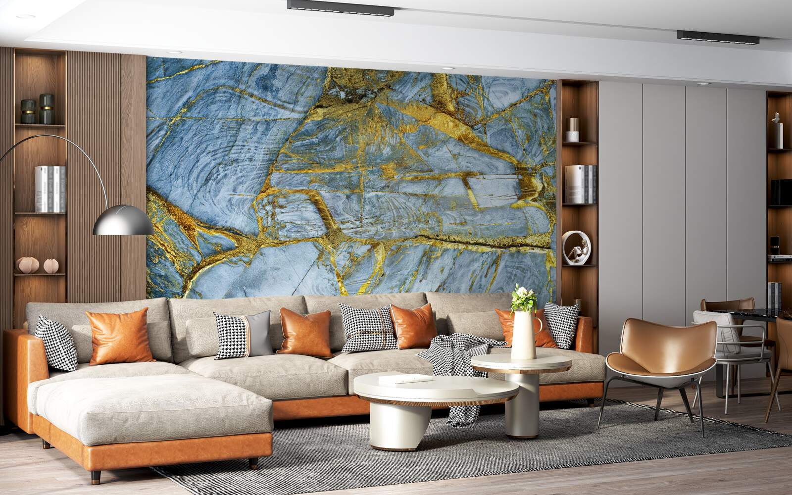 Fotobehang snede met gouden tinten op een blauwe achtergrond