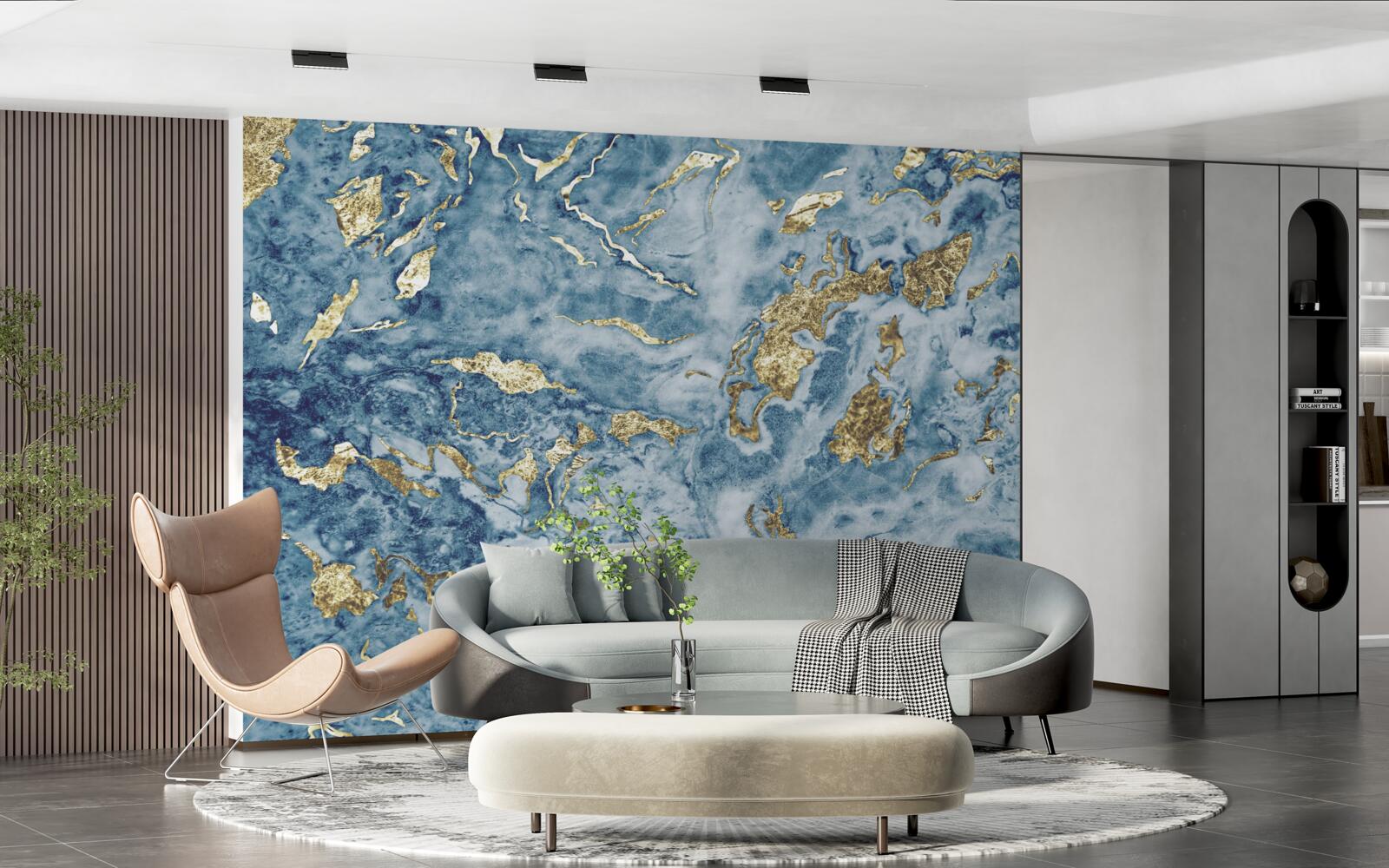 Fotobehang blauw marmer met goud dooraderd