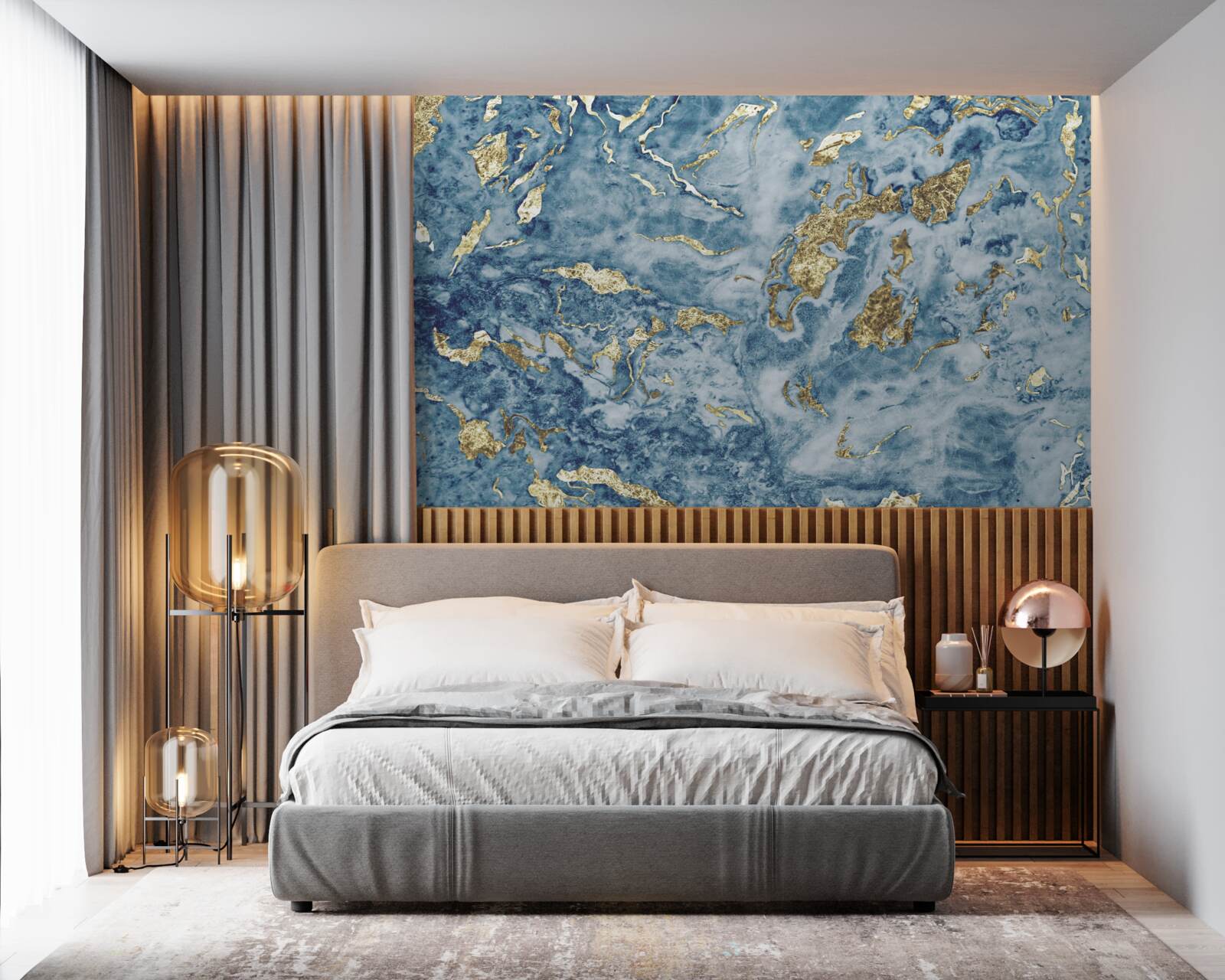 Fotobehang blauw marmer met goud dooraderd