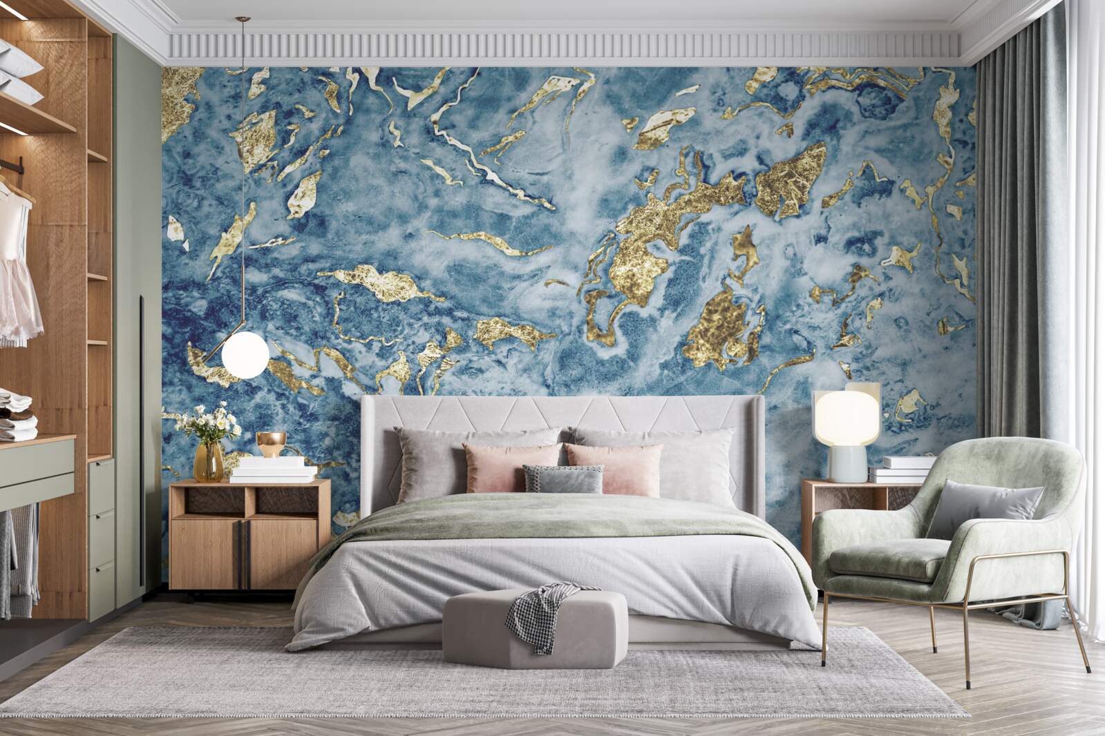 Fotobehang blauw marmer met goud dooraderd