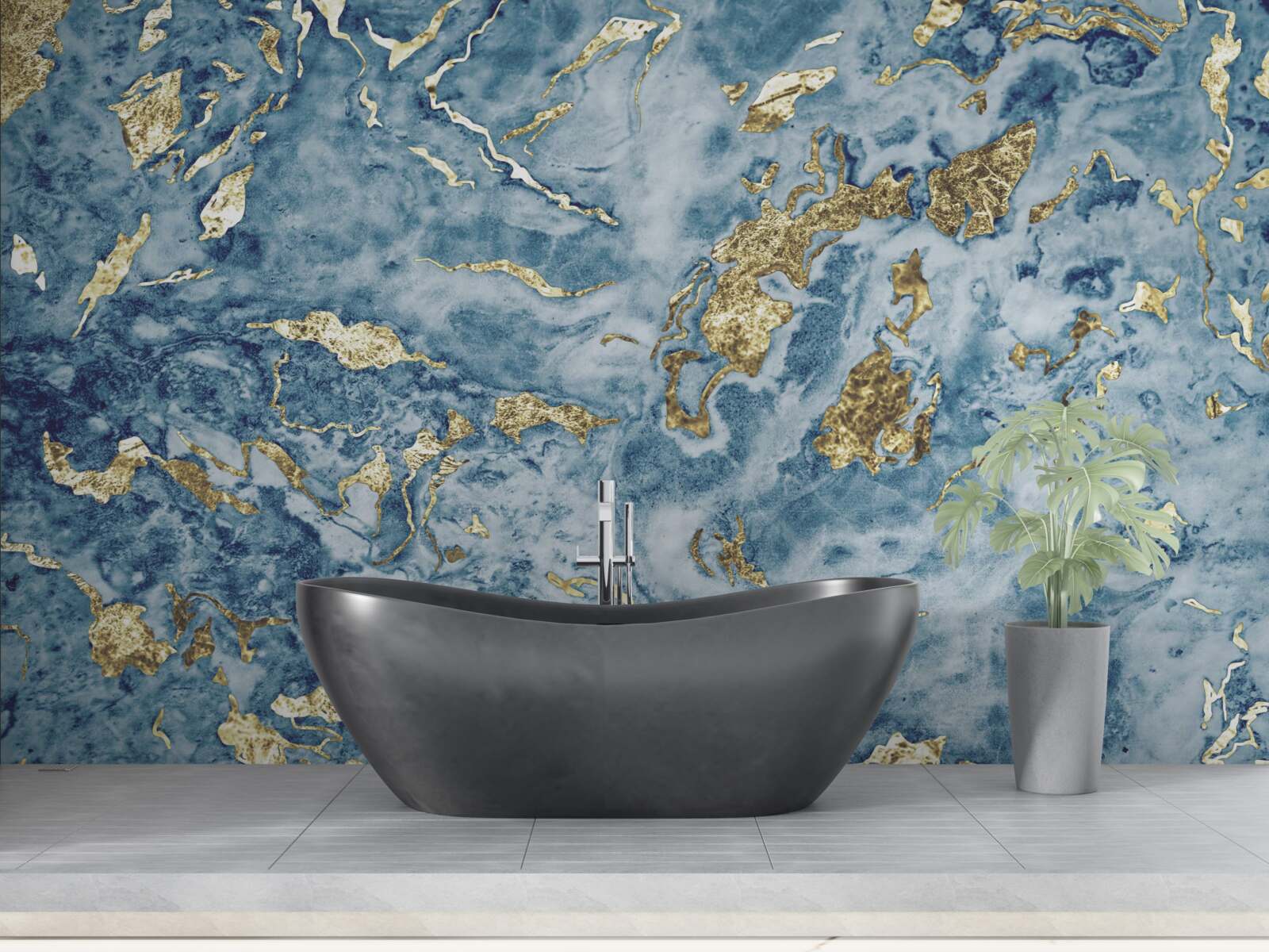 Fotobehang blauw marmer met goud dooraderd