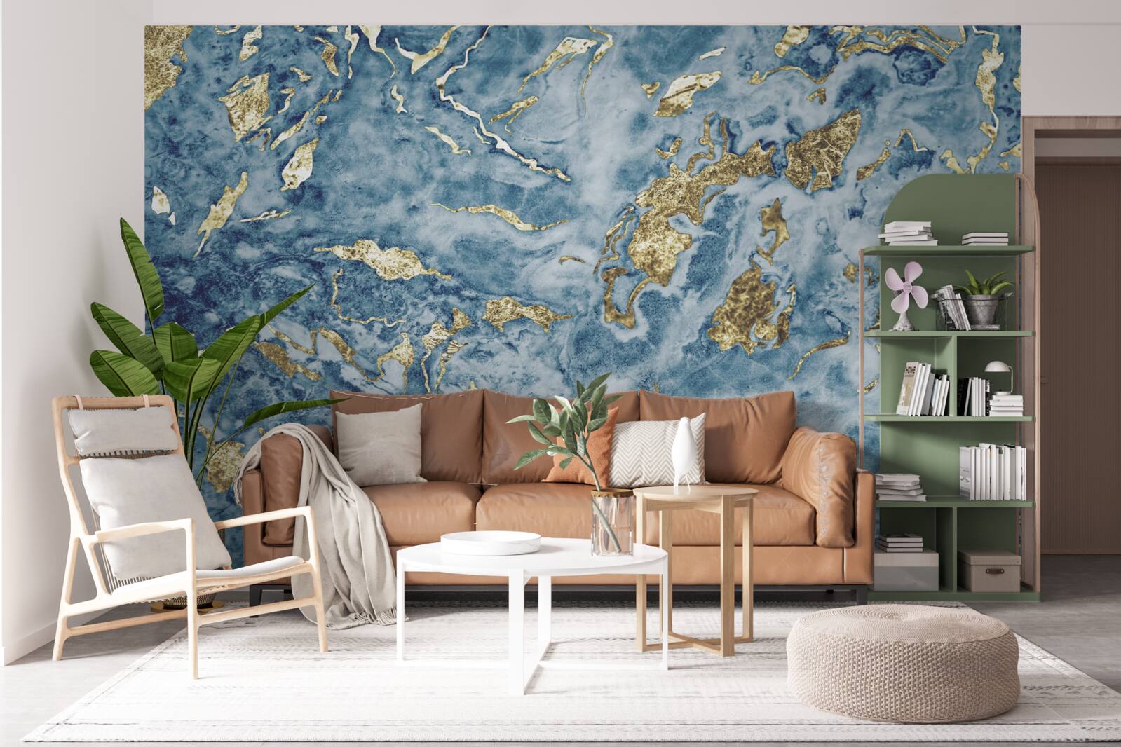 Fotobehang blauw marmer met goud dooraderd