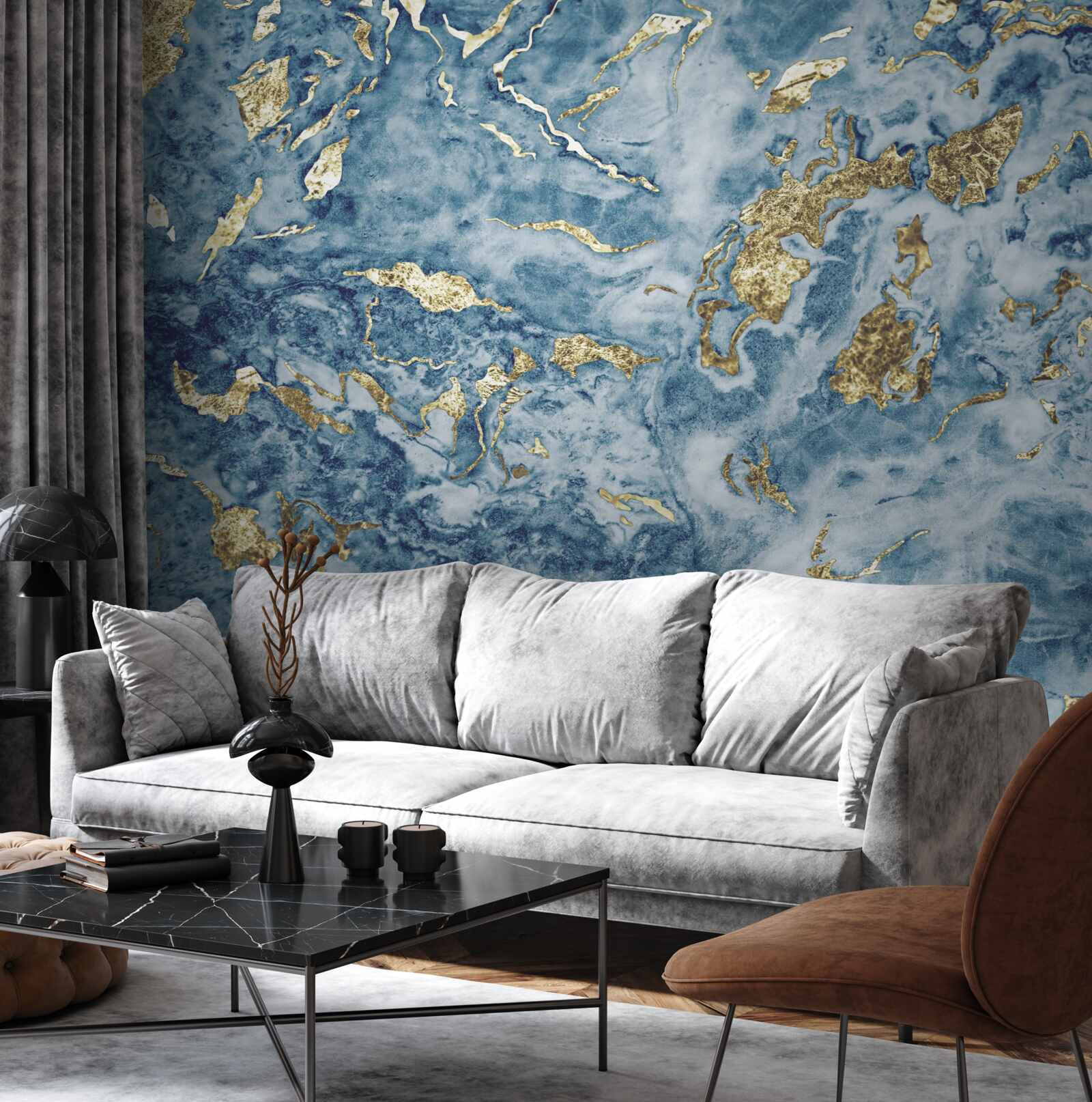 Fotobehang blauw marmer met goud dooraderd