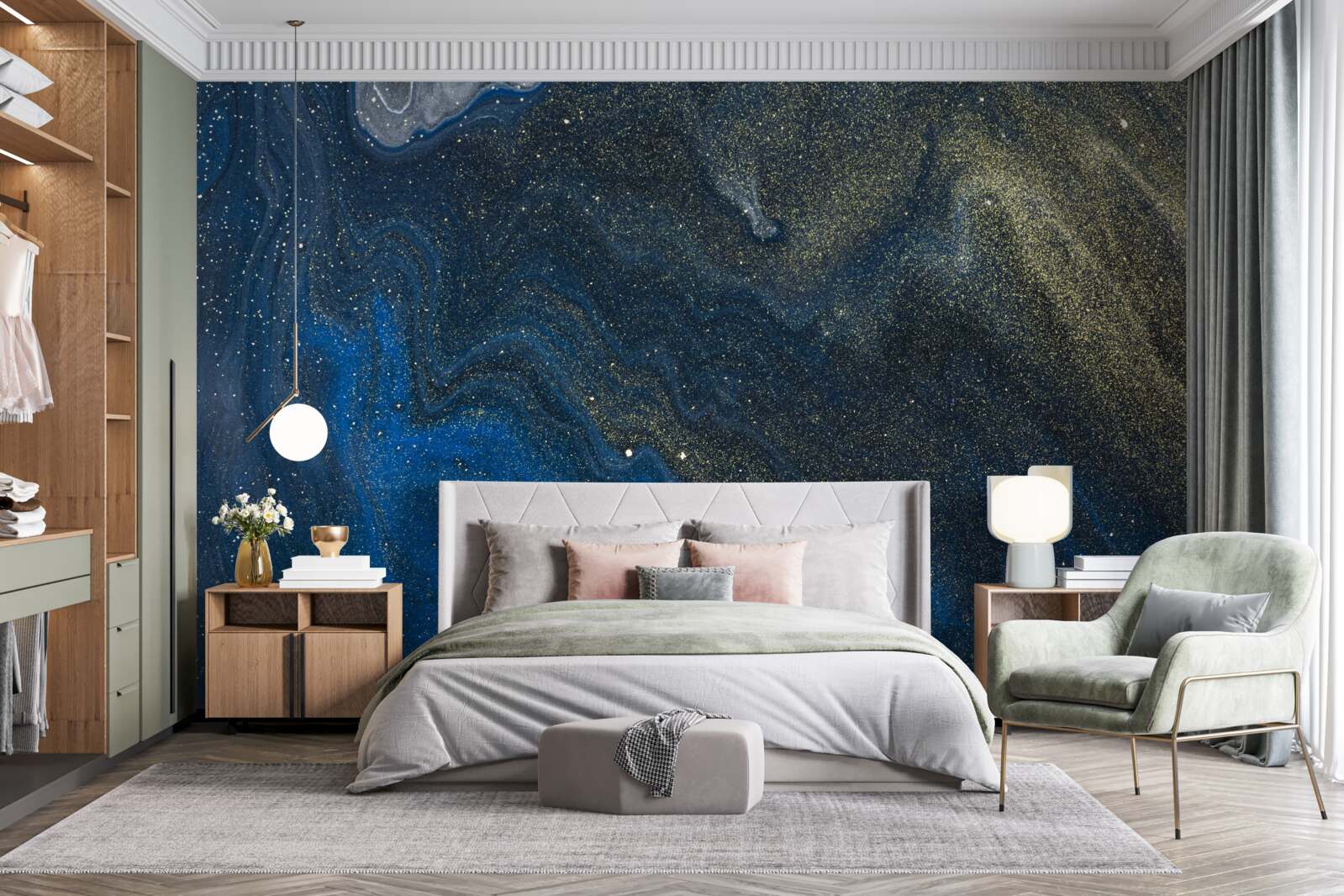 Fotobehang blauw-goud stof