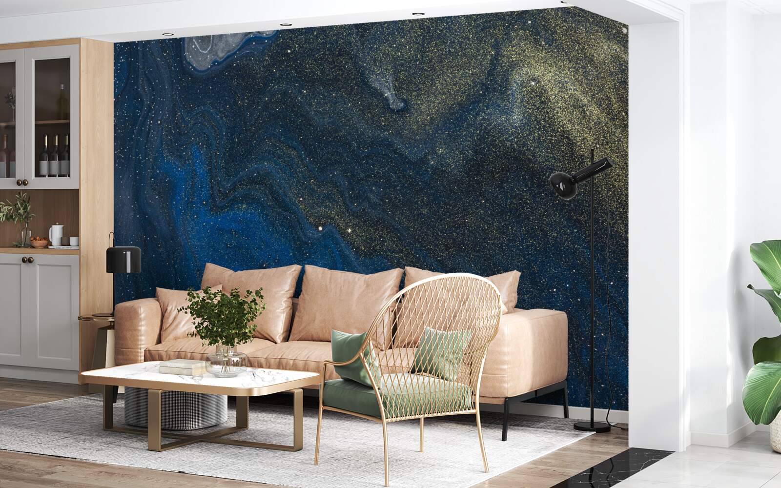 Fotobehang blauw-goud stof