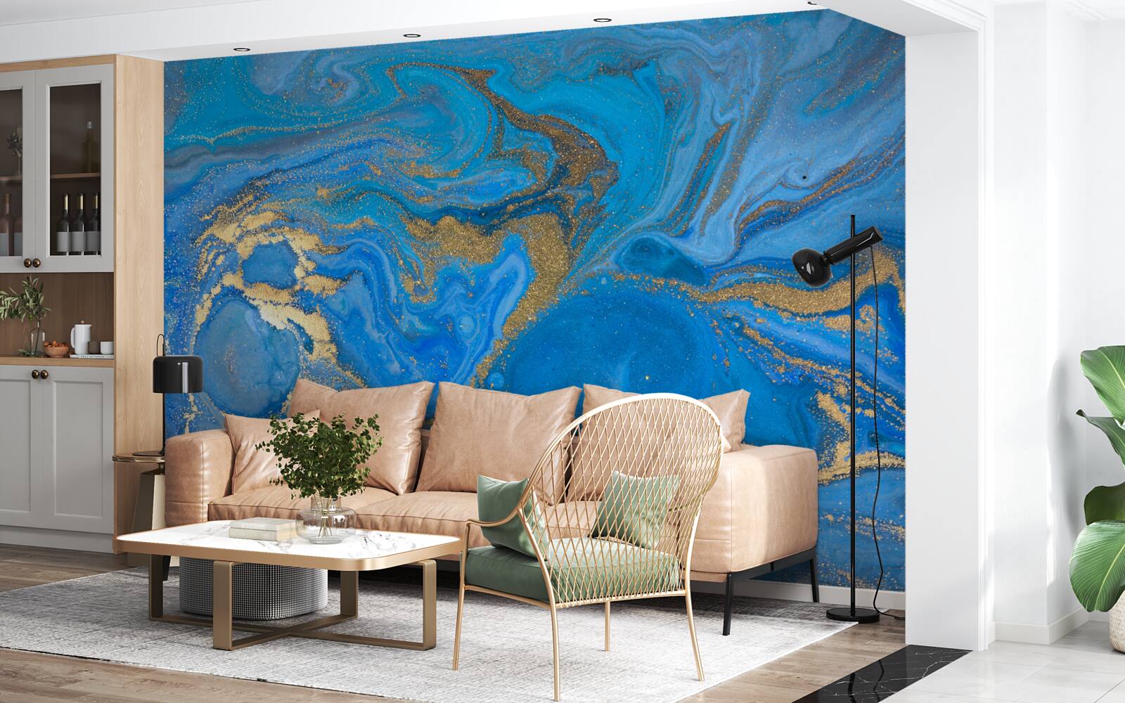 Fotobehang blauw en goud in marmerstijl