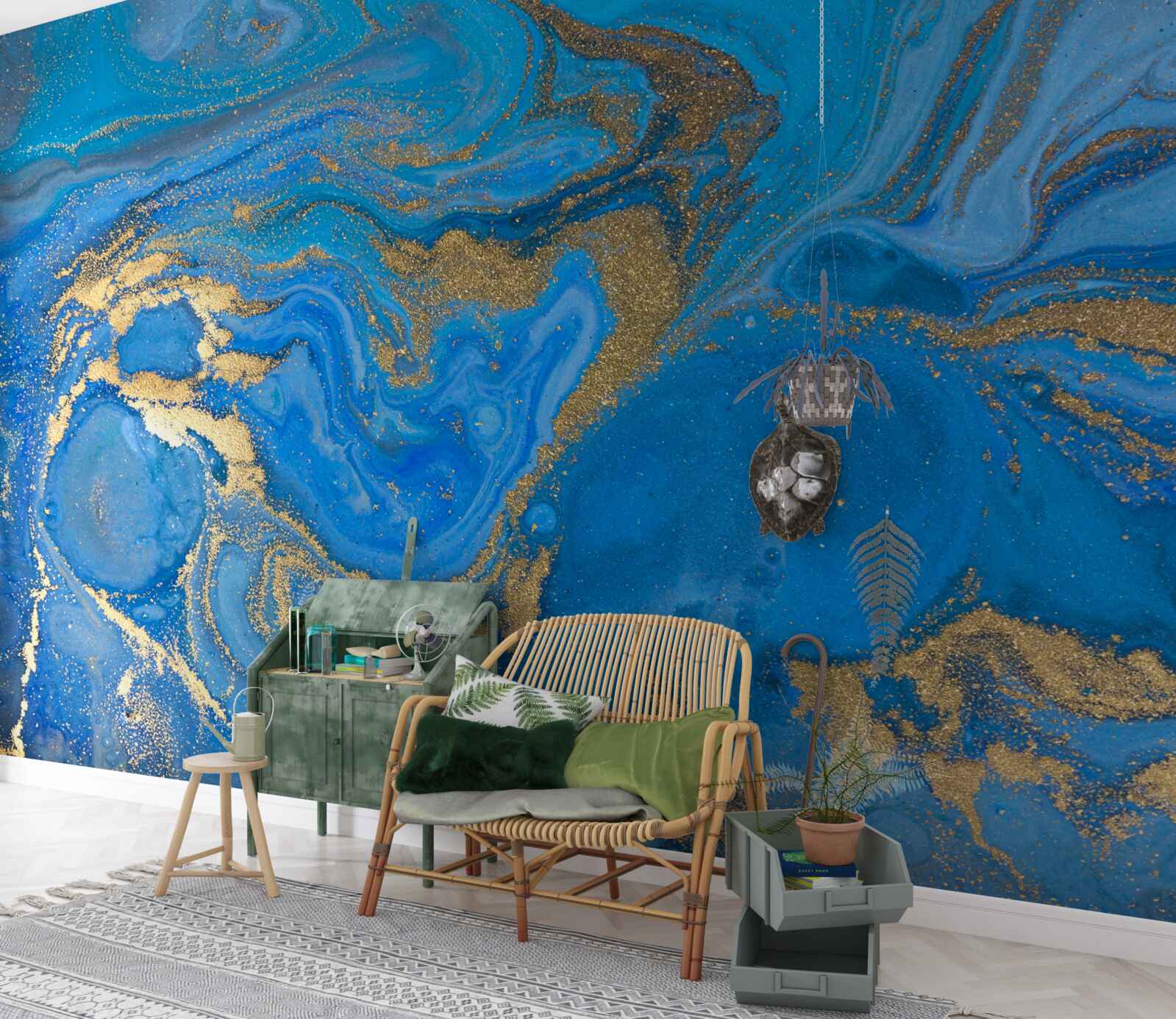 Fotobehang blauw en goud in marmerstijl