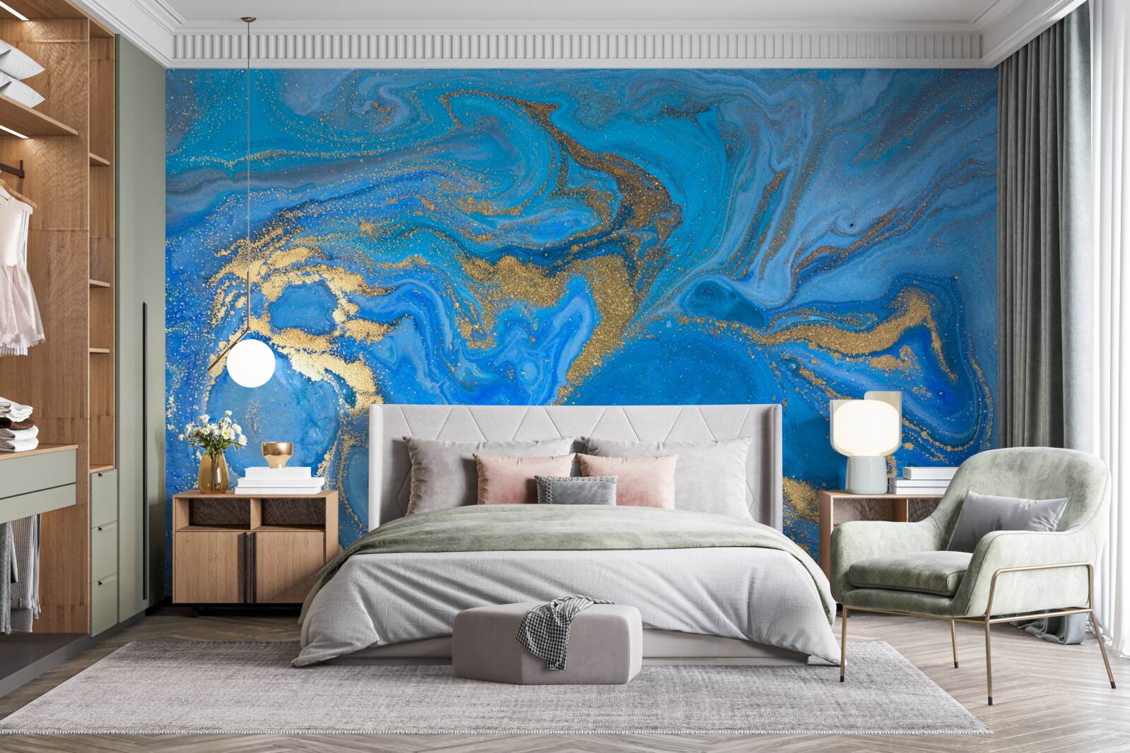 Fotobehang blauw en goud in marmerstijl