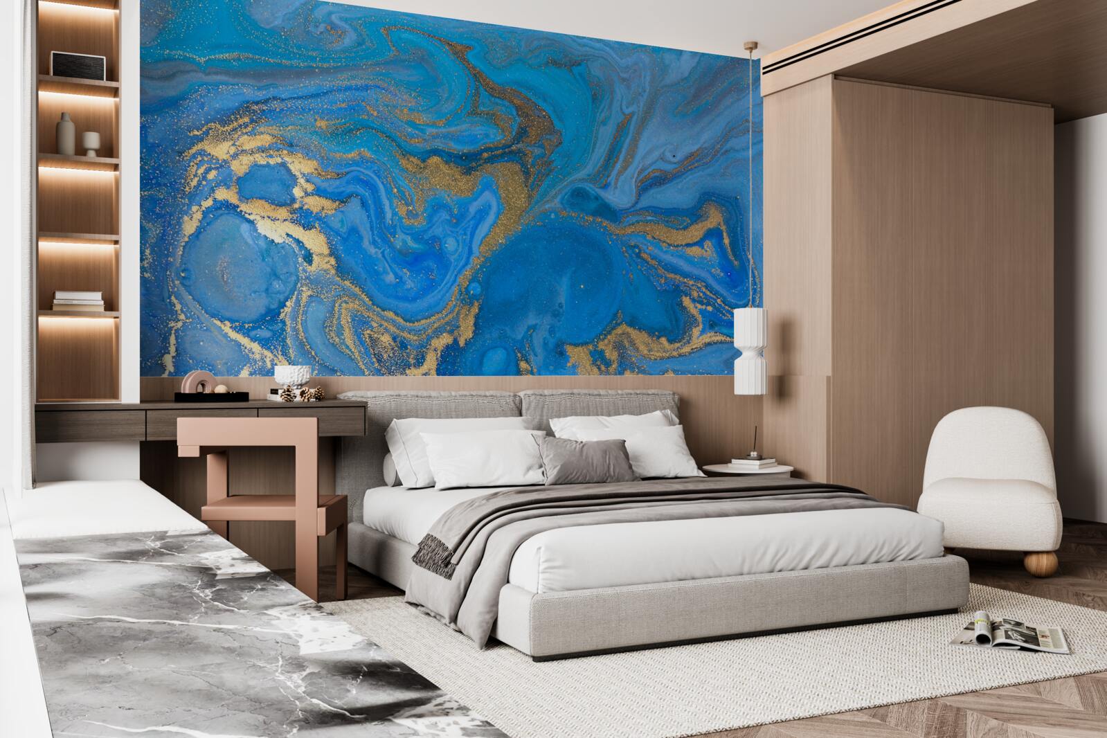 Fotobehang blauw en goud in marmerstijl