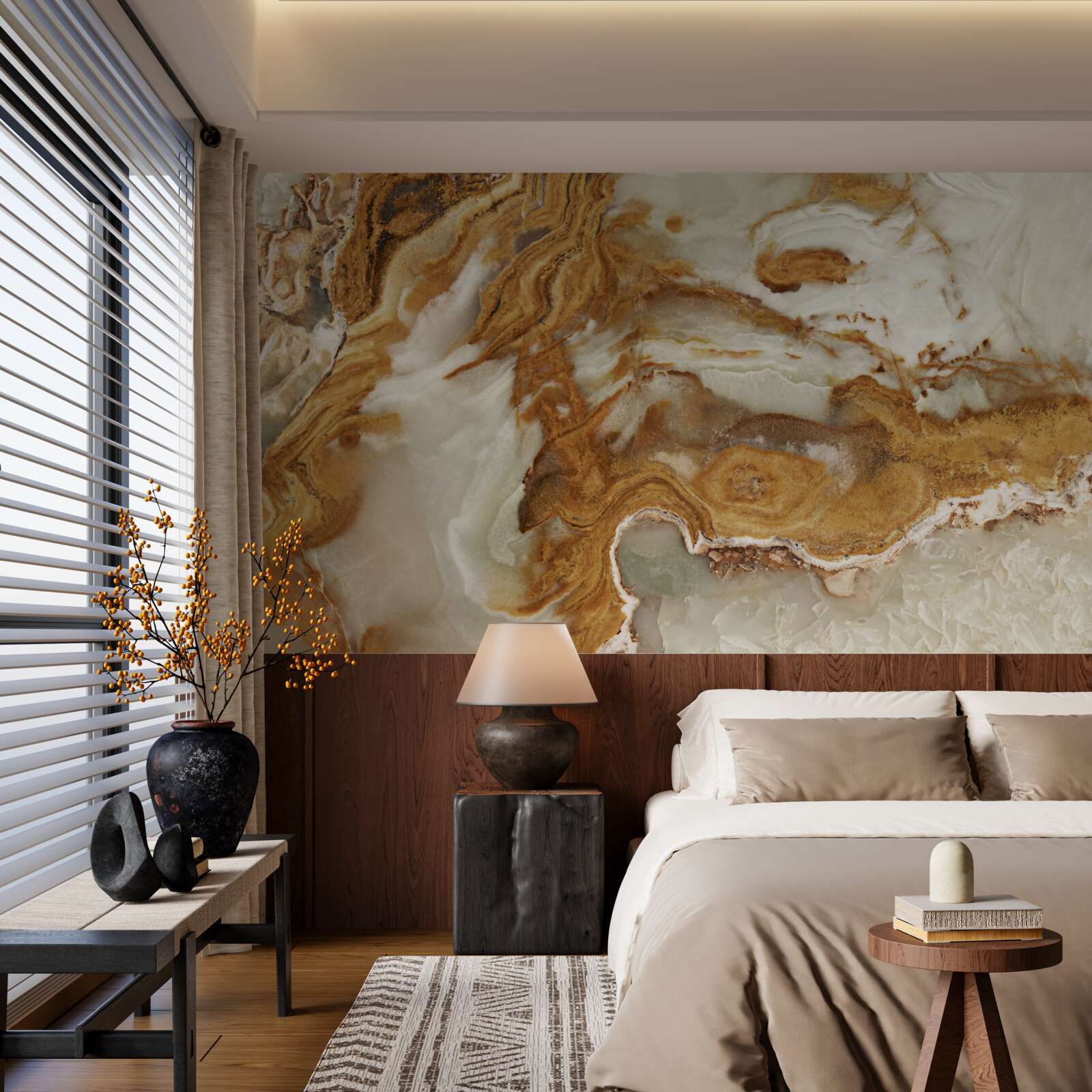 Fotobehang wit marmer met bruine adering