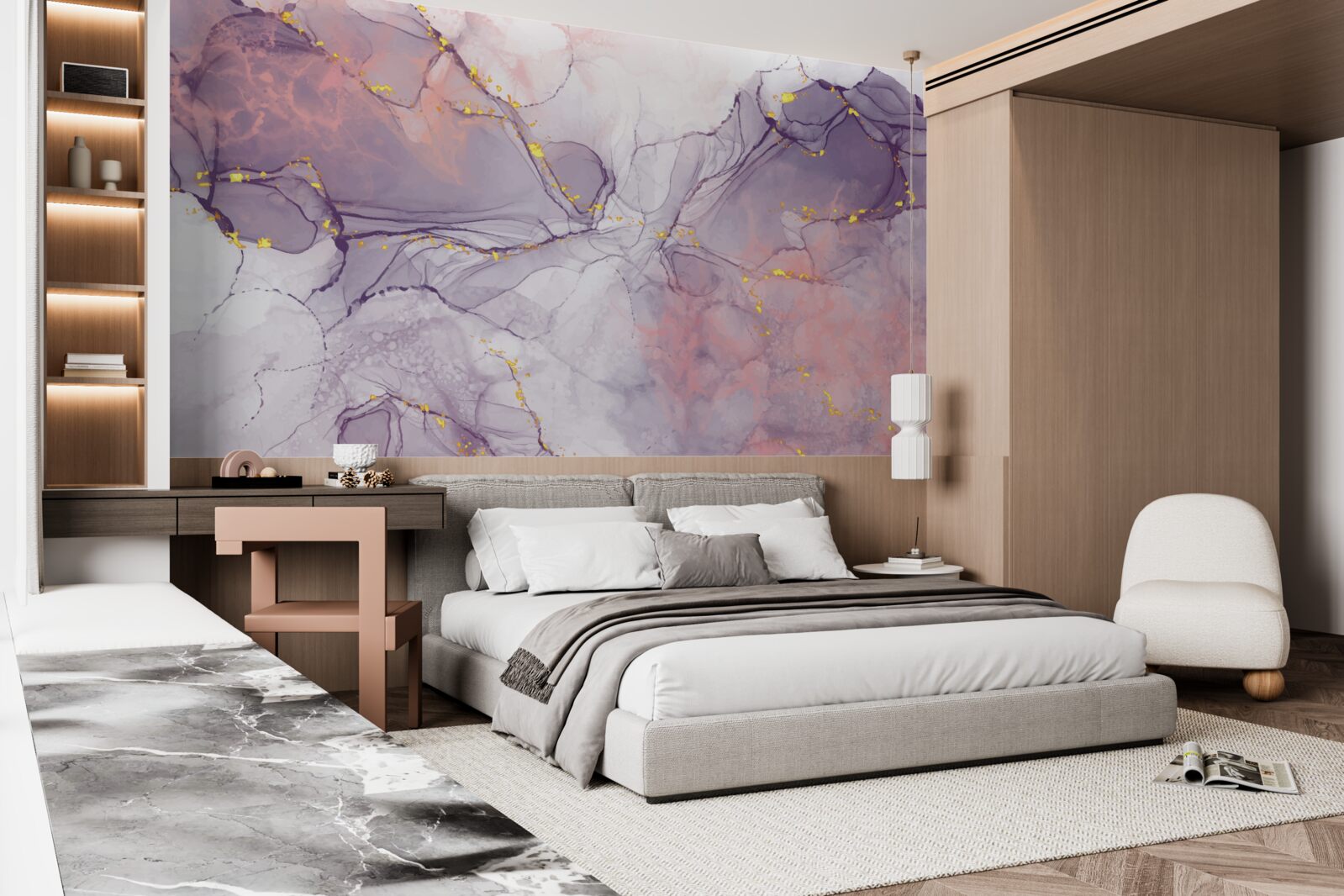 Fotobehang gemarmerde achtergrond in roze en lila tinten