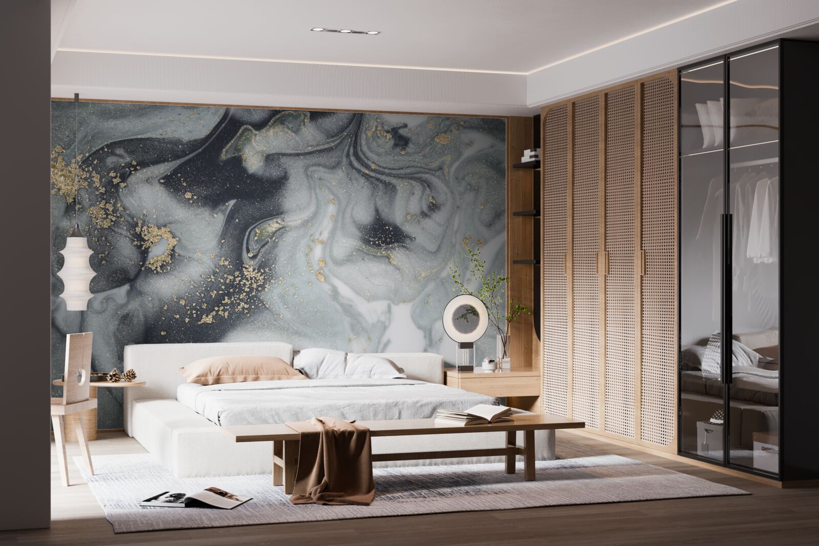 Fotobehang gouden zandkorrels op een grijs marmeren oppervlak