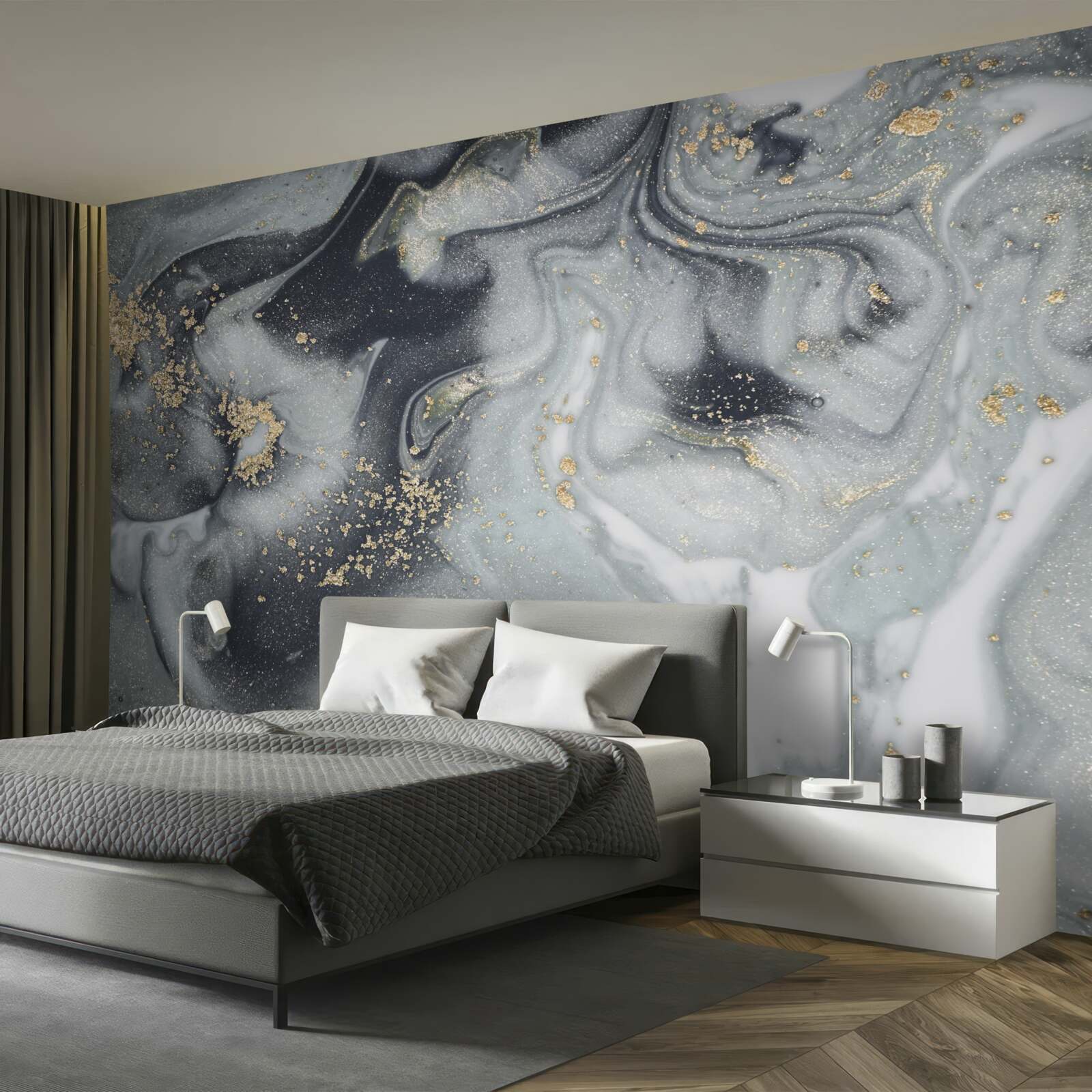 Fotobehang gouden zandkorrels op een grijs marmeren oppervlak