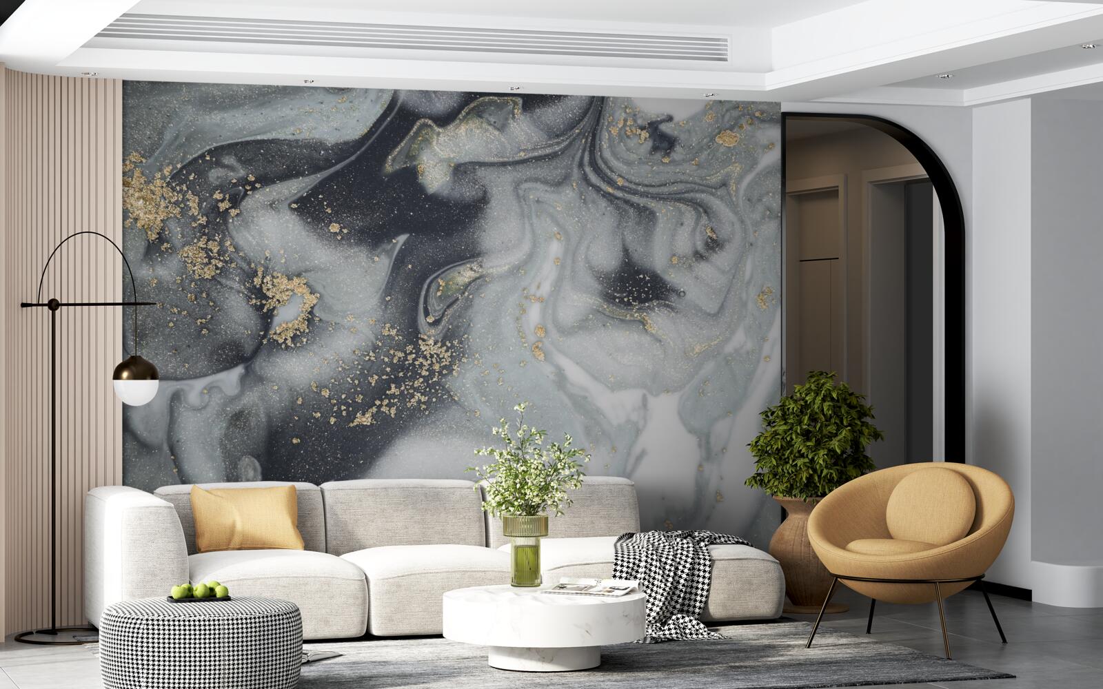 Fotobehang gouden zandkorrels op een grijs marmeren oppervlak