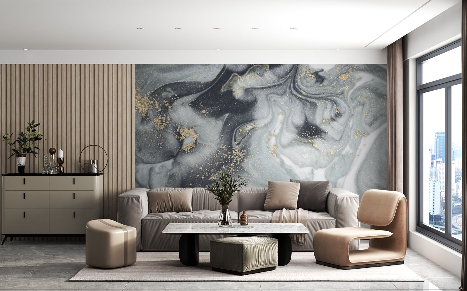 Fotobehang gouden zandkorrels op een grijs marmeren oppervlak