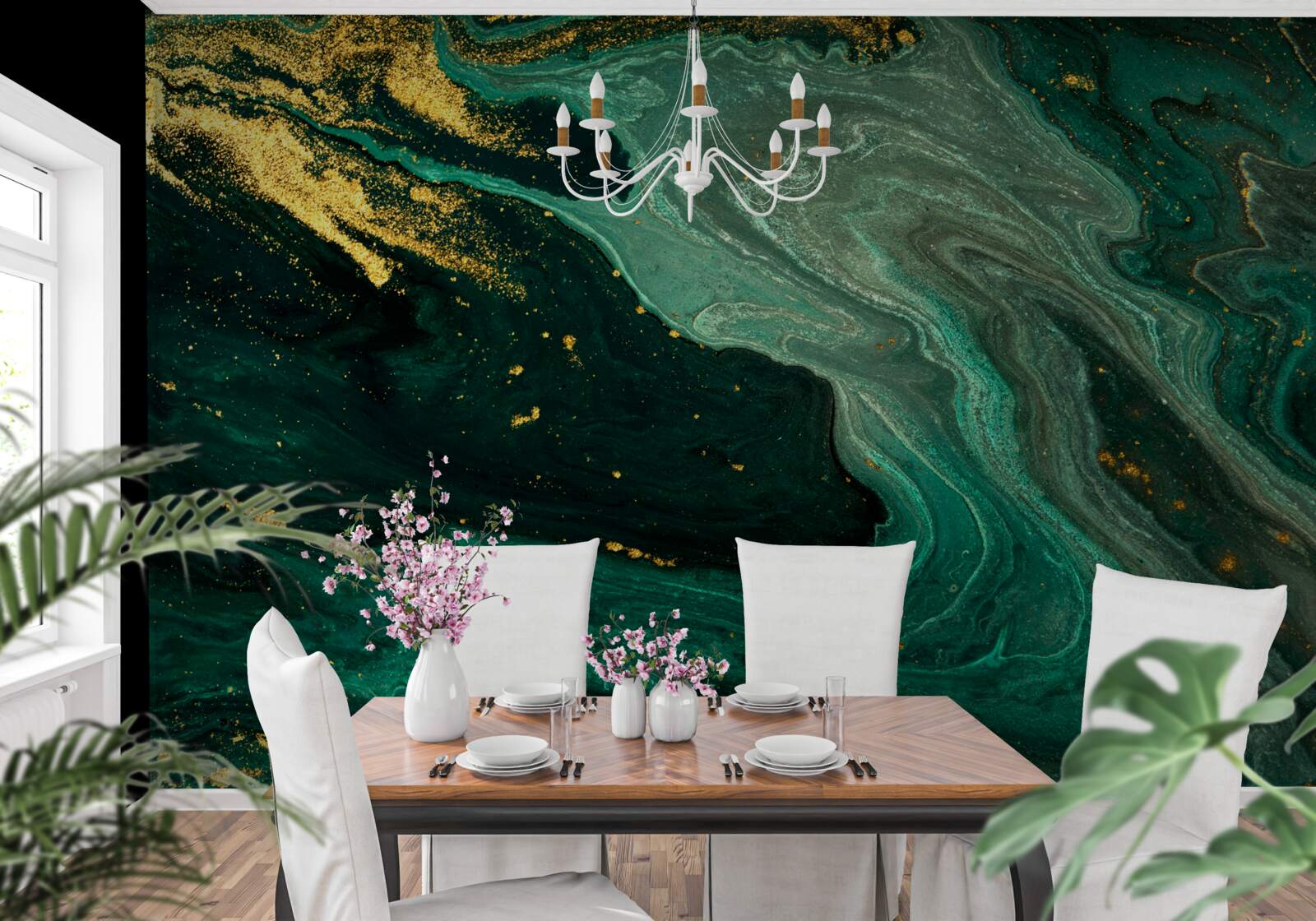 Fotobehang gouden patronen op een smaragdgroene achtergrond