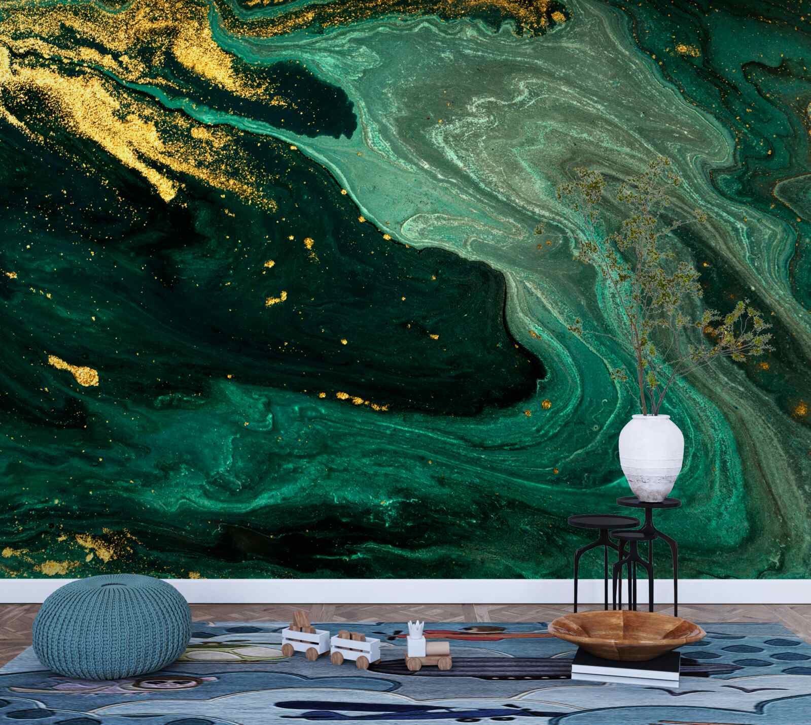 Fotobehang gouden patronen op een smaragdgroene achtergrond