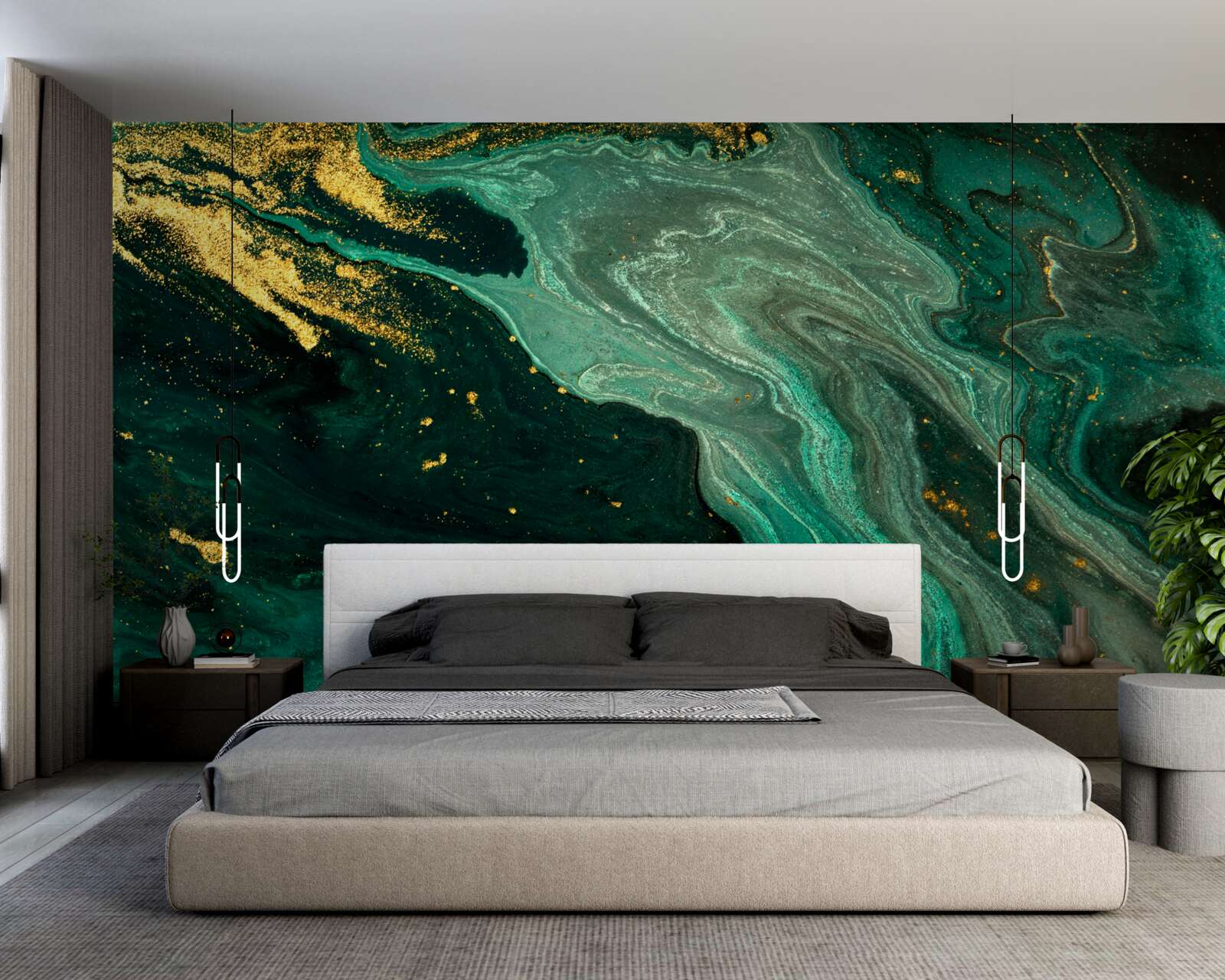 Fotobehang gouden patronen op een smaragdgroene achtergrond