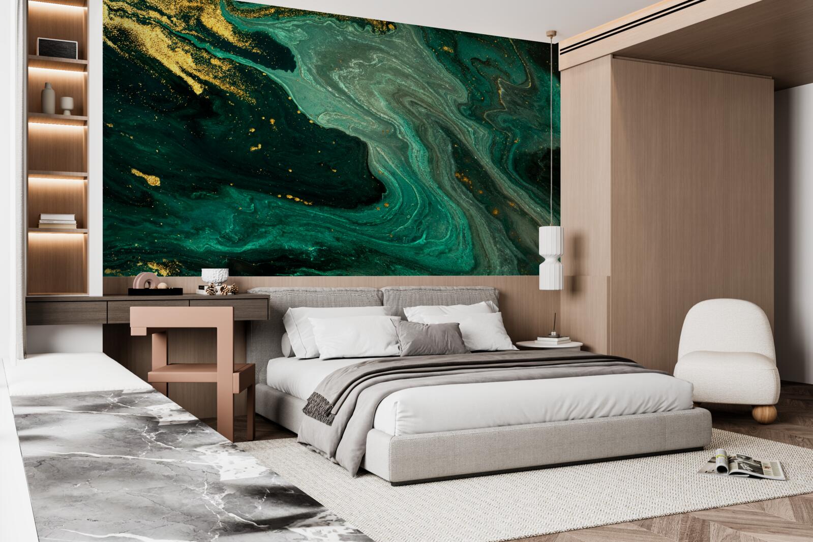 Fotobehang gouden patronen op een smaragdgroene achtergrond