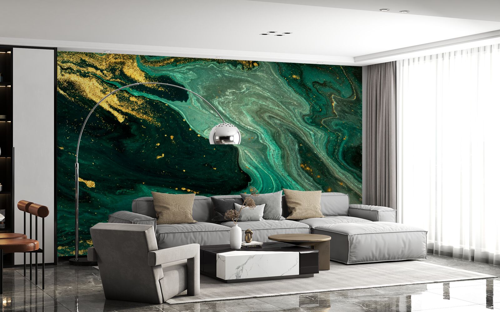 Fotobehang gouden patronen op een smaragdgroene achtergrond