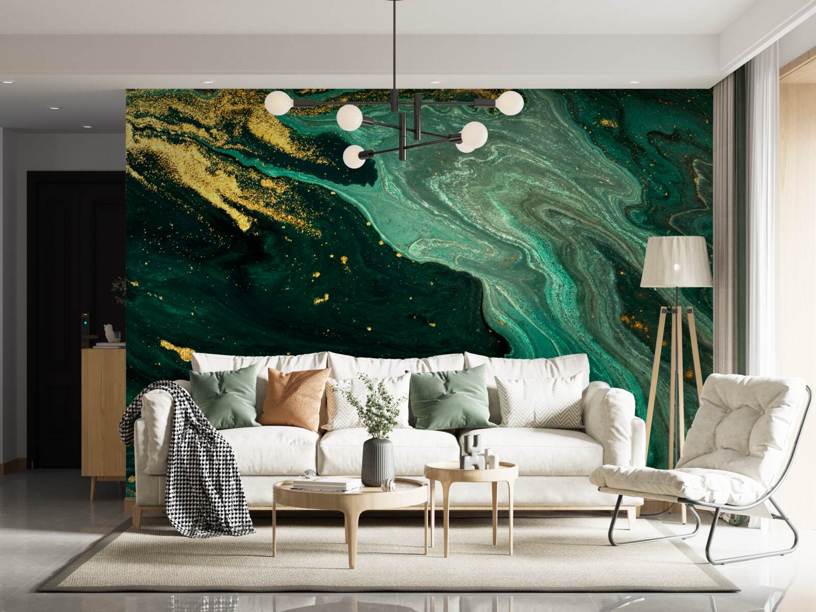 Fotobehang gouden patronen op een smaragdgroene achtergrond