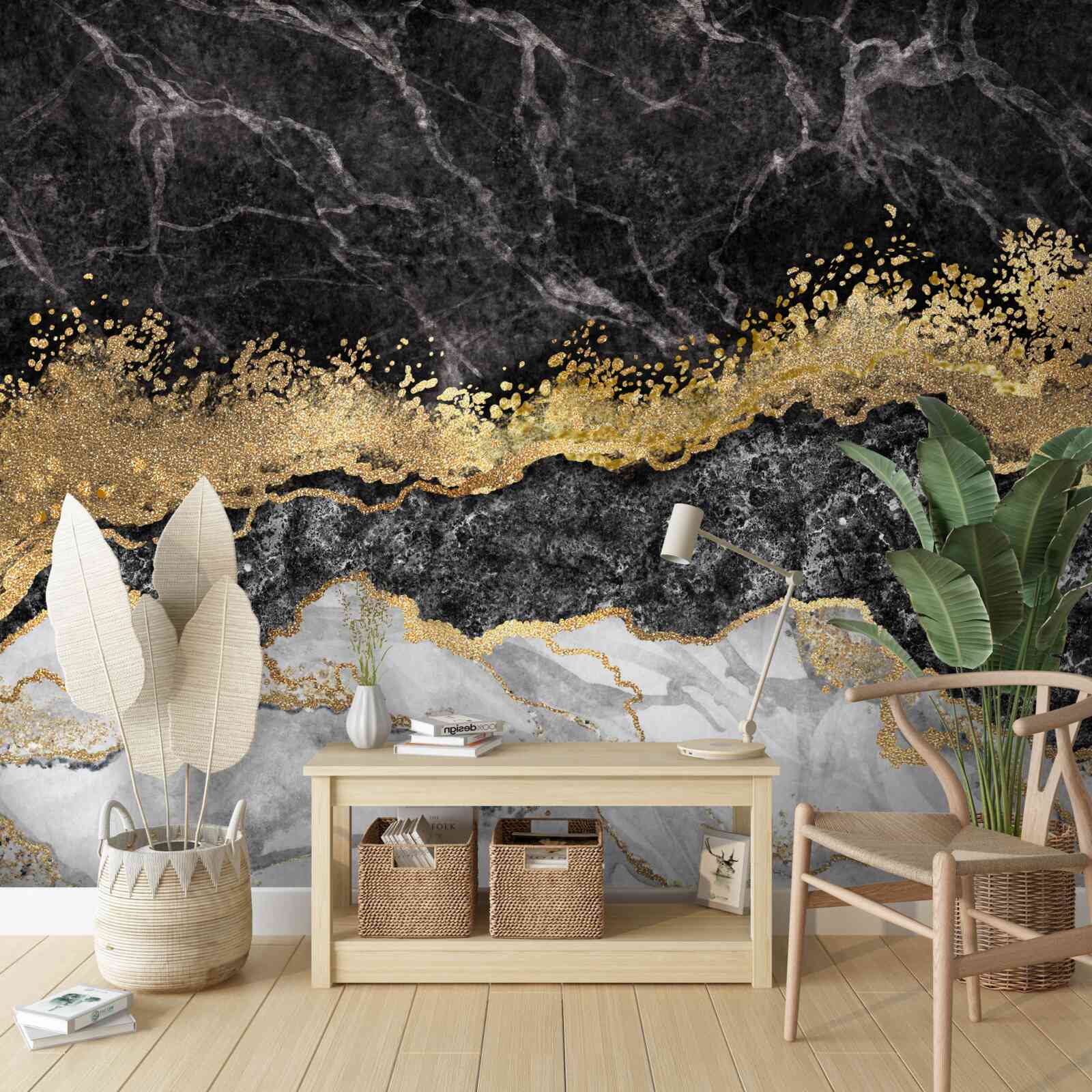 Fotobehang marmer met goud op zwarte achtergrond