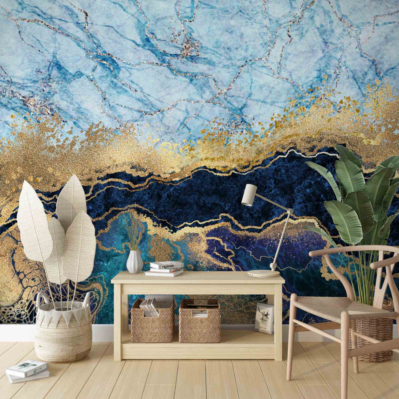 Fotobehang luxe blauw marmer met gouden adering