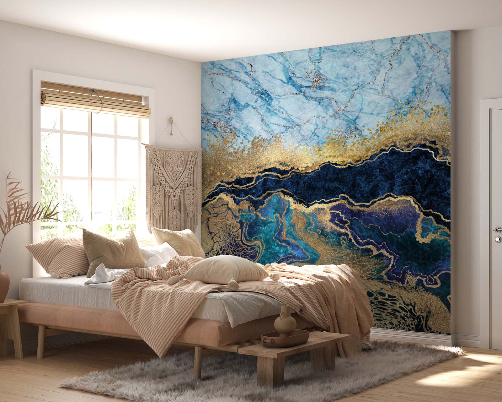 Fotobehang luxe blauw marmer met gouden adering