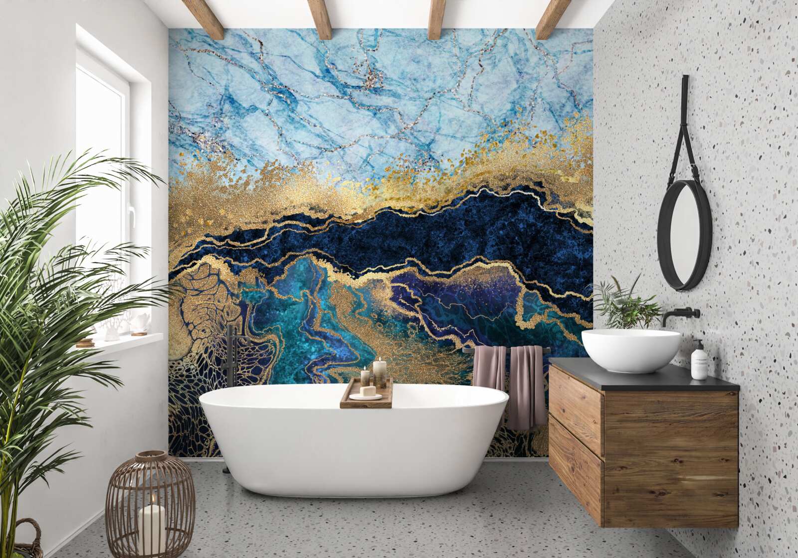 Fotobehang luxe blauw marmer met gouden adering