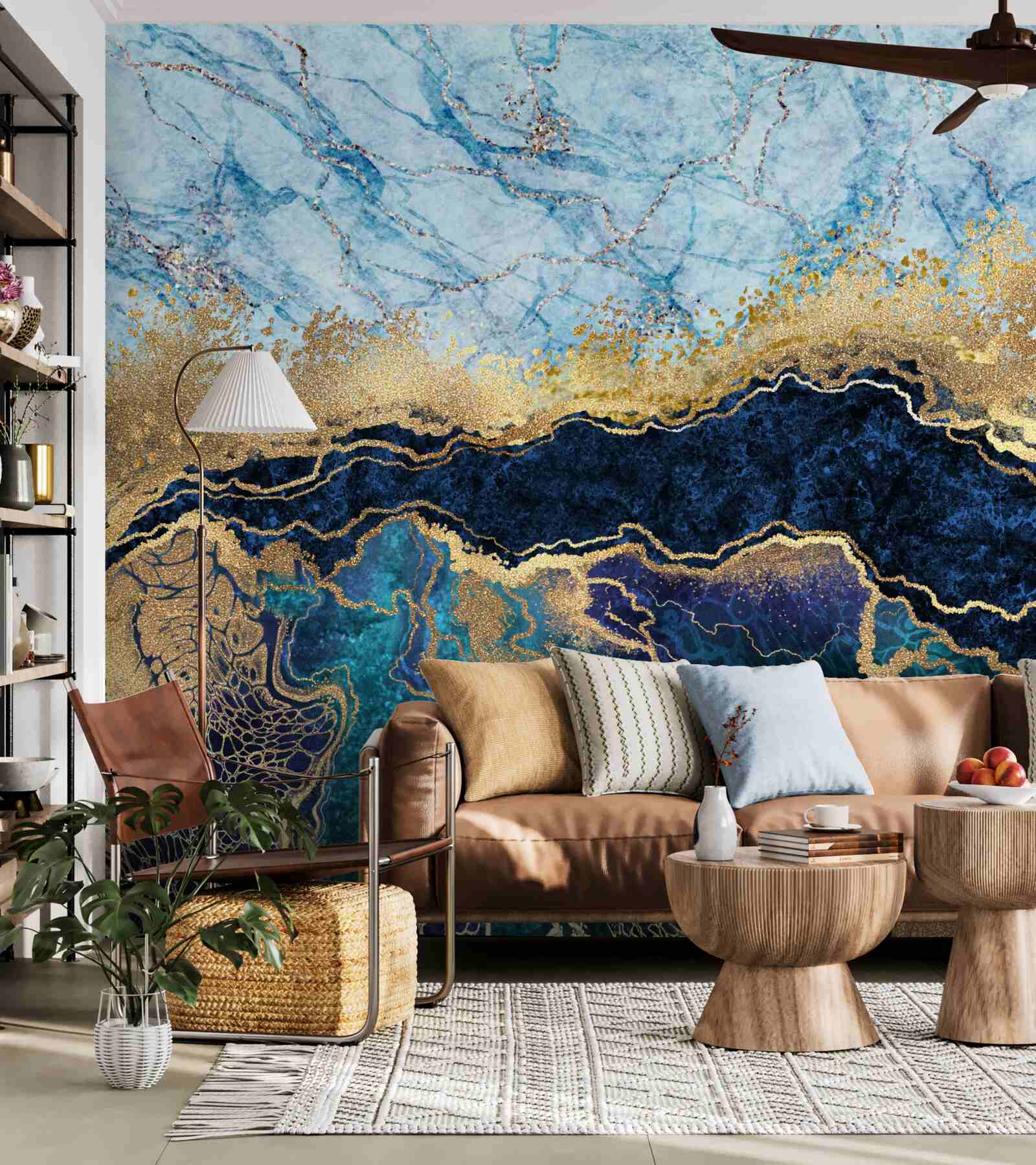 Fotobehang luxe blauw marmer met gouden adering