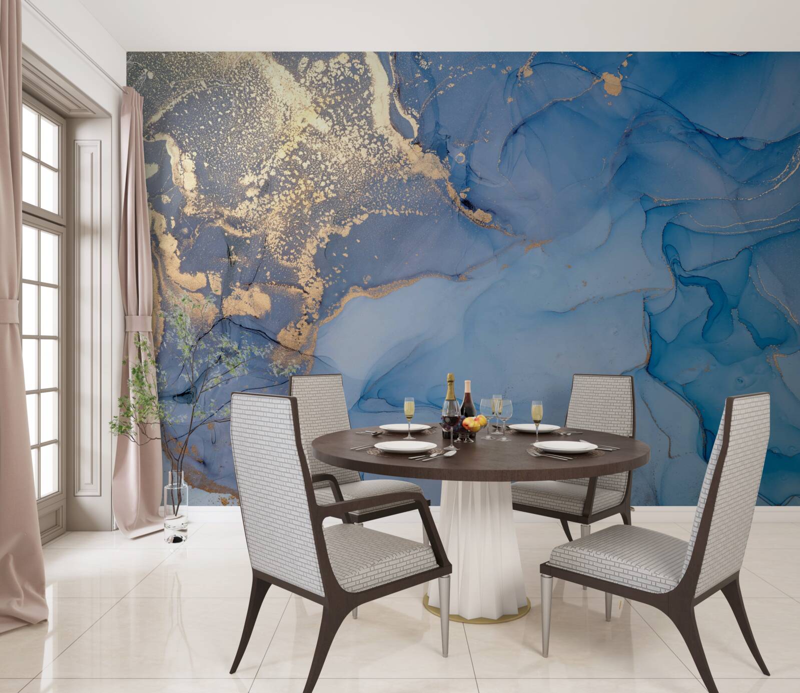 Fotobehang gouden vloeistof met blauw