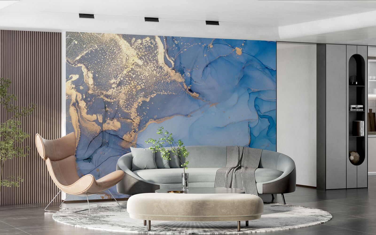 Fotobehang gouden vloeistof met blauw