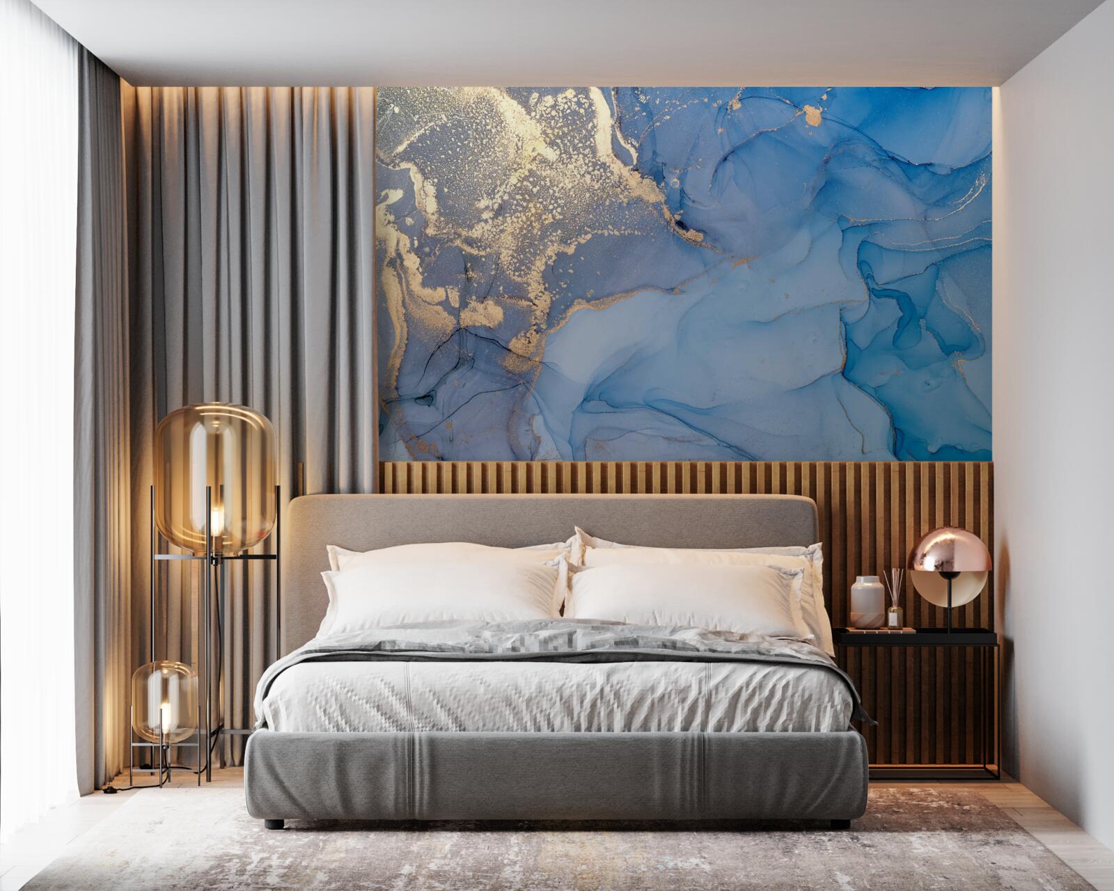 Fotobehang gouden vloeistof met blauw