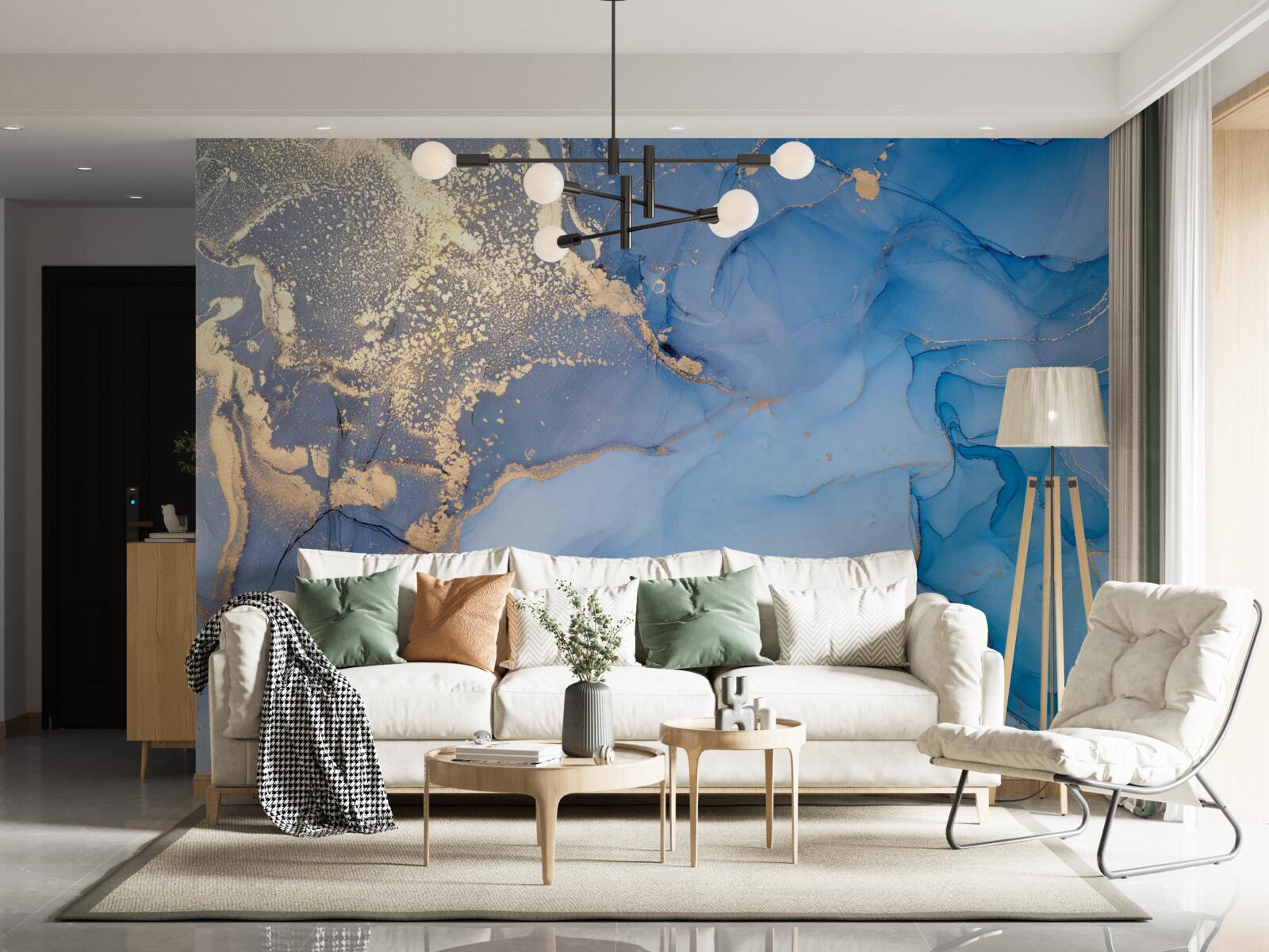 Fotobehang gouden vloeistof met blauw