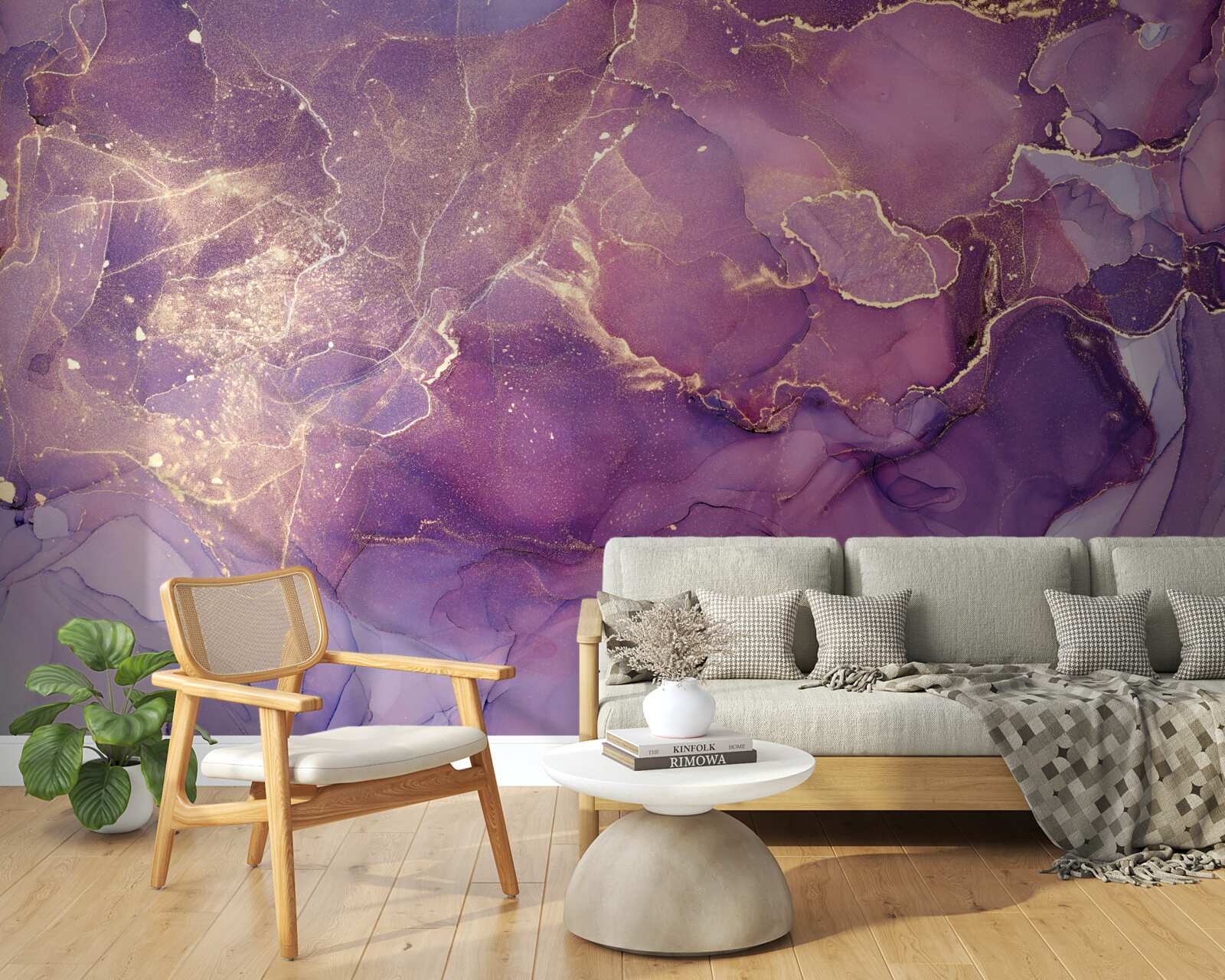 Fotobehang gemarmerde achtergrond in goud met paarse tint