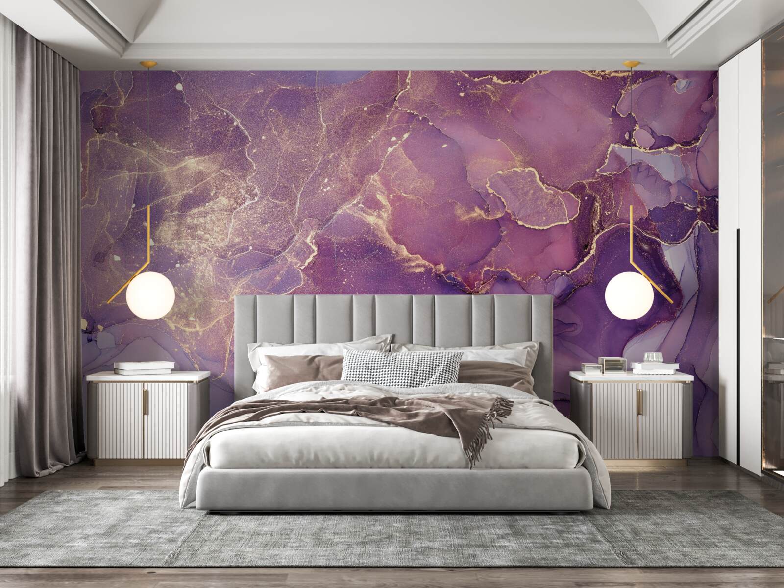 Fotobehang gemarmerde achtergrond in goud met paarse tint