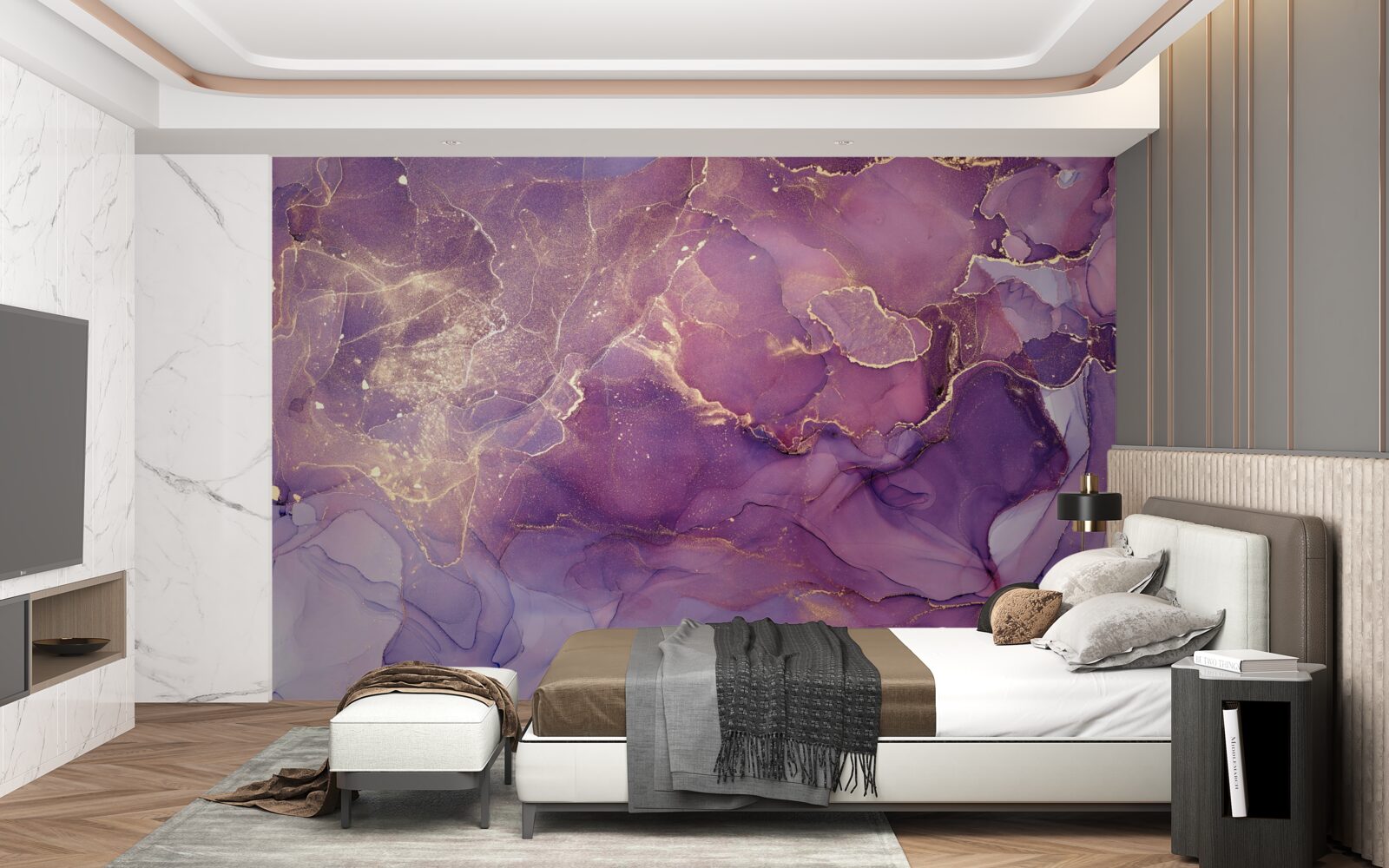Fotobehang gemarmerde achtergrond in goud met paarse tint