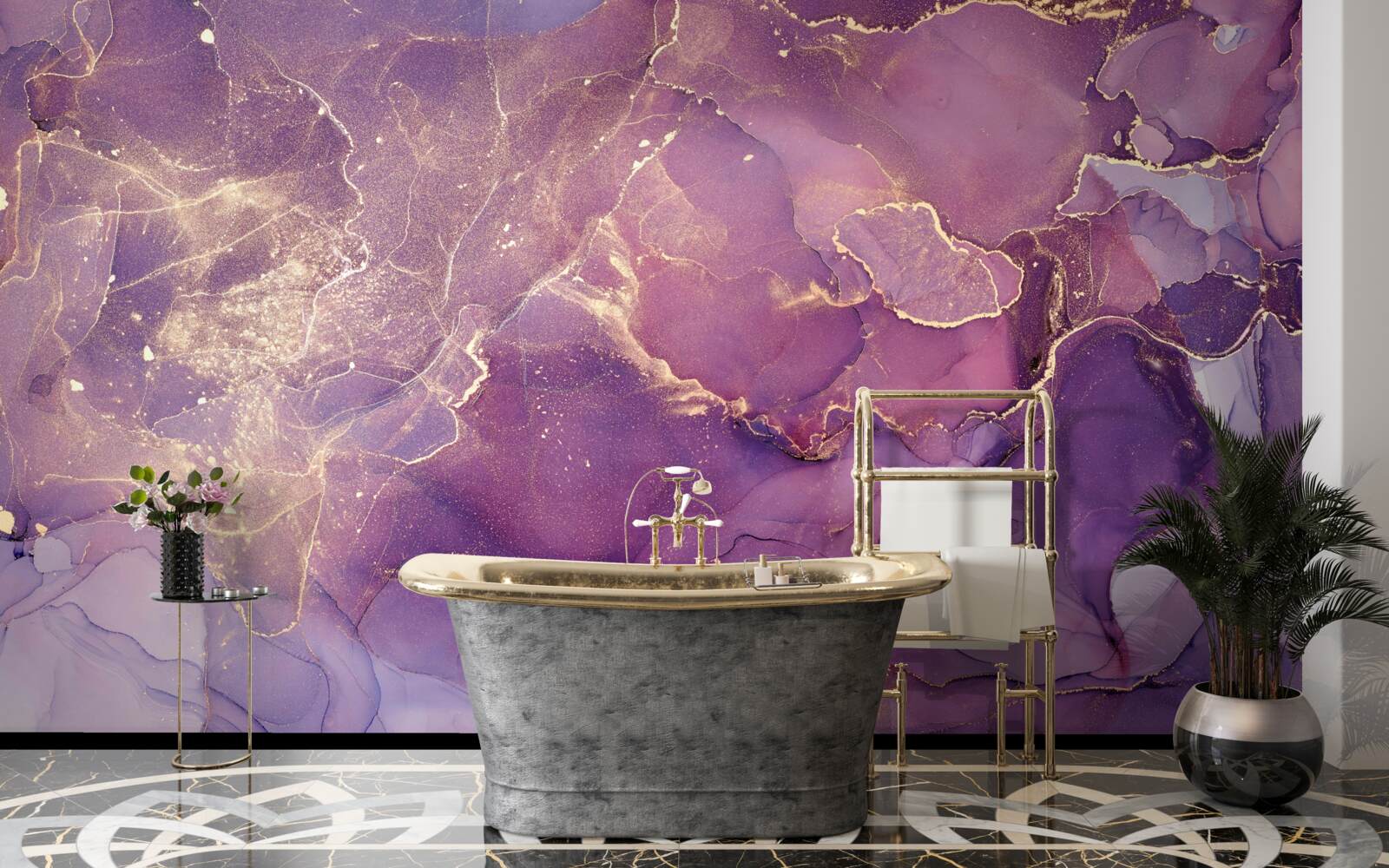 Fotobehang gemarmerde achtergrond in goud met paarse tint