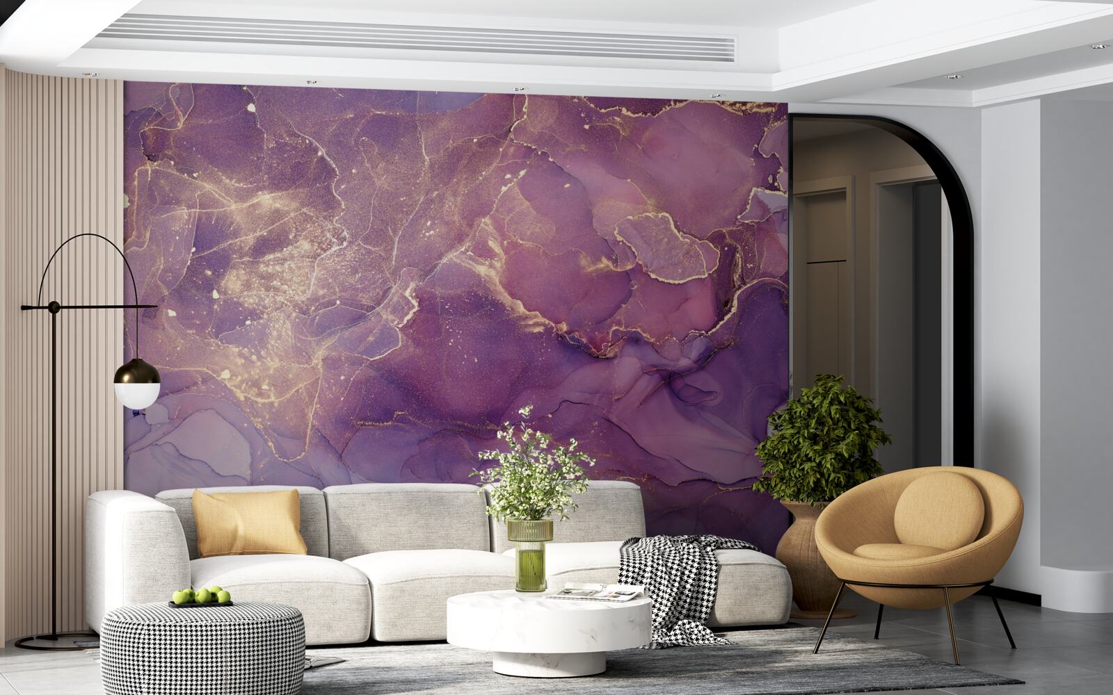 Fotobehang gemarmerde achtergrond in goud met paarse tint