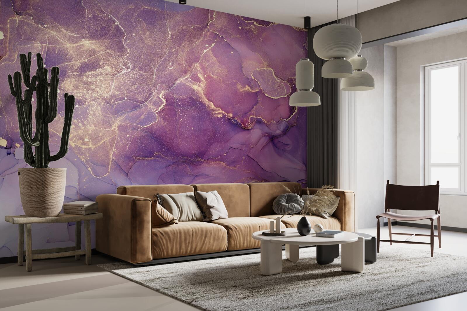 Fotobehang gemarmerde achtergrond in goud met paarse tint