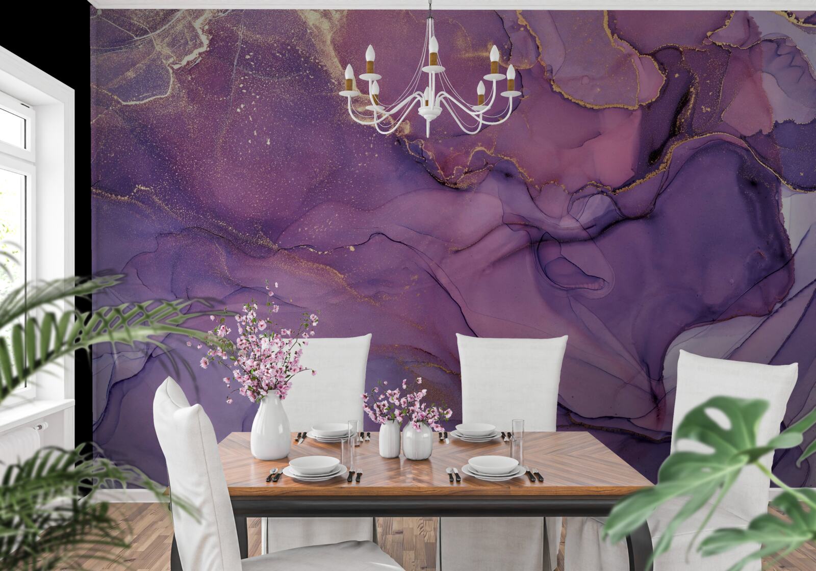 Fotobehang lila marmeren achtergrond met gouden elementen